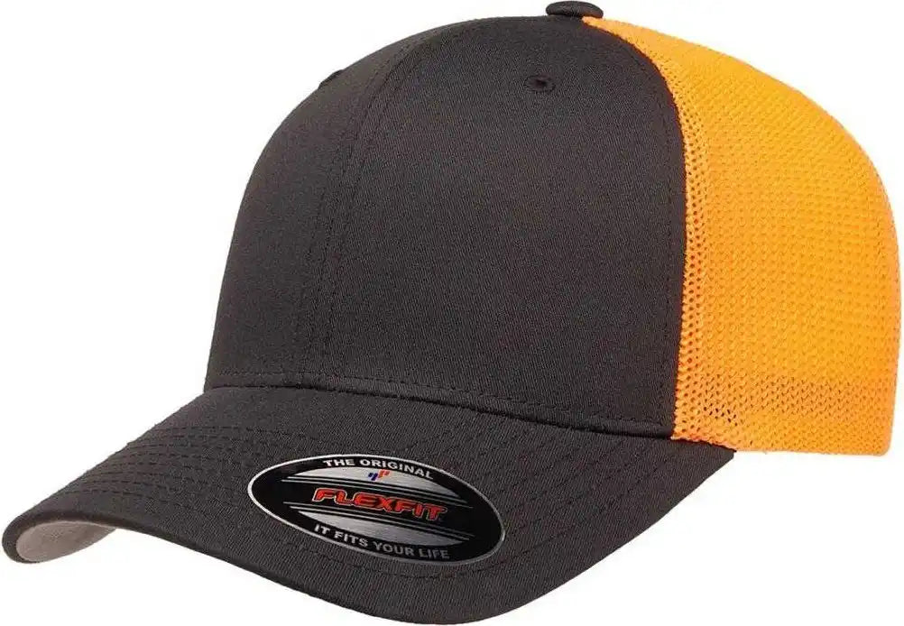 Flexfit 6511 Trucker Cap - Charcoal Neon Orange - Dark Gray / 6 7/8’’ - 7 1/2’’