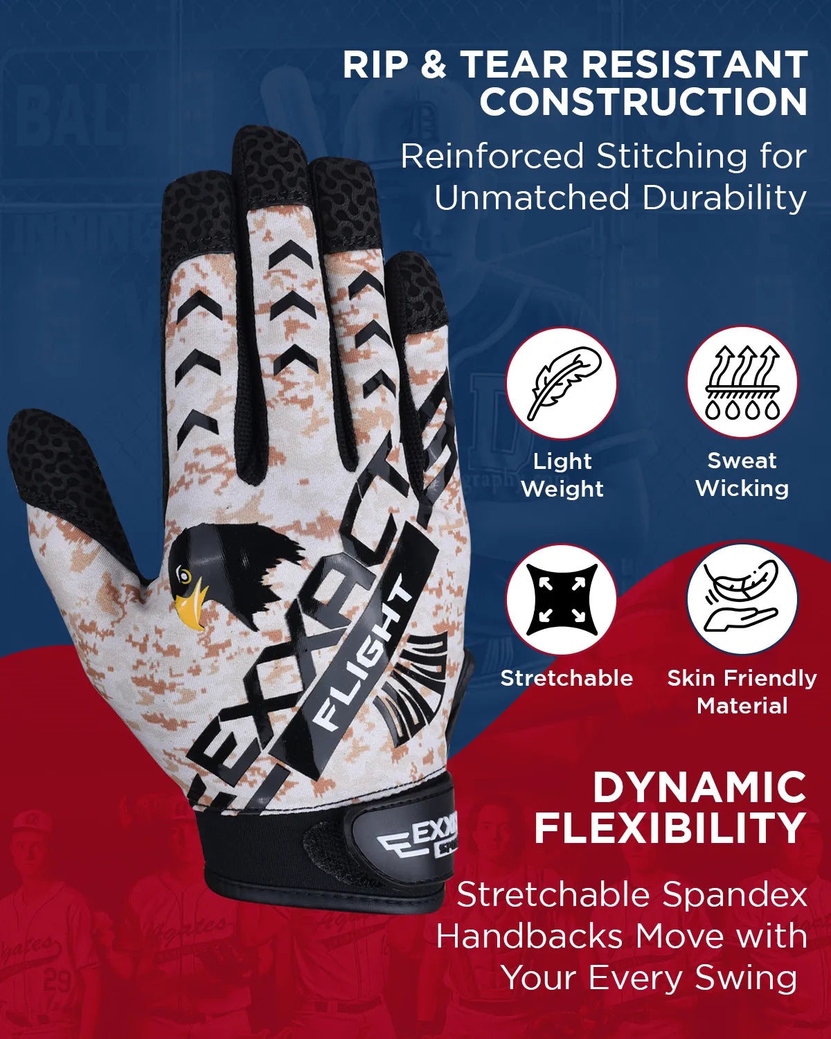Flight Baseball Batting Gloves for Youth & Adult (desert Camo)