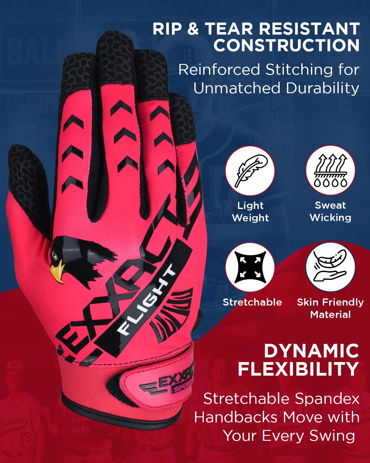 Flight Baseball Batting Gloves for Youth & Adult (hot Pink)