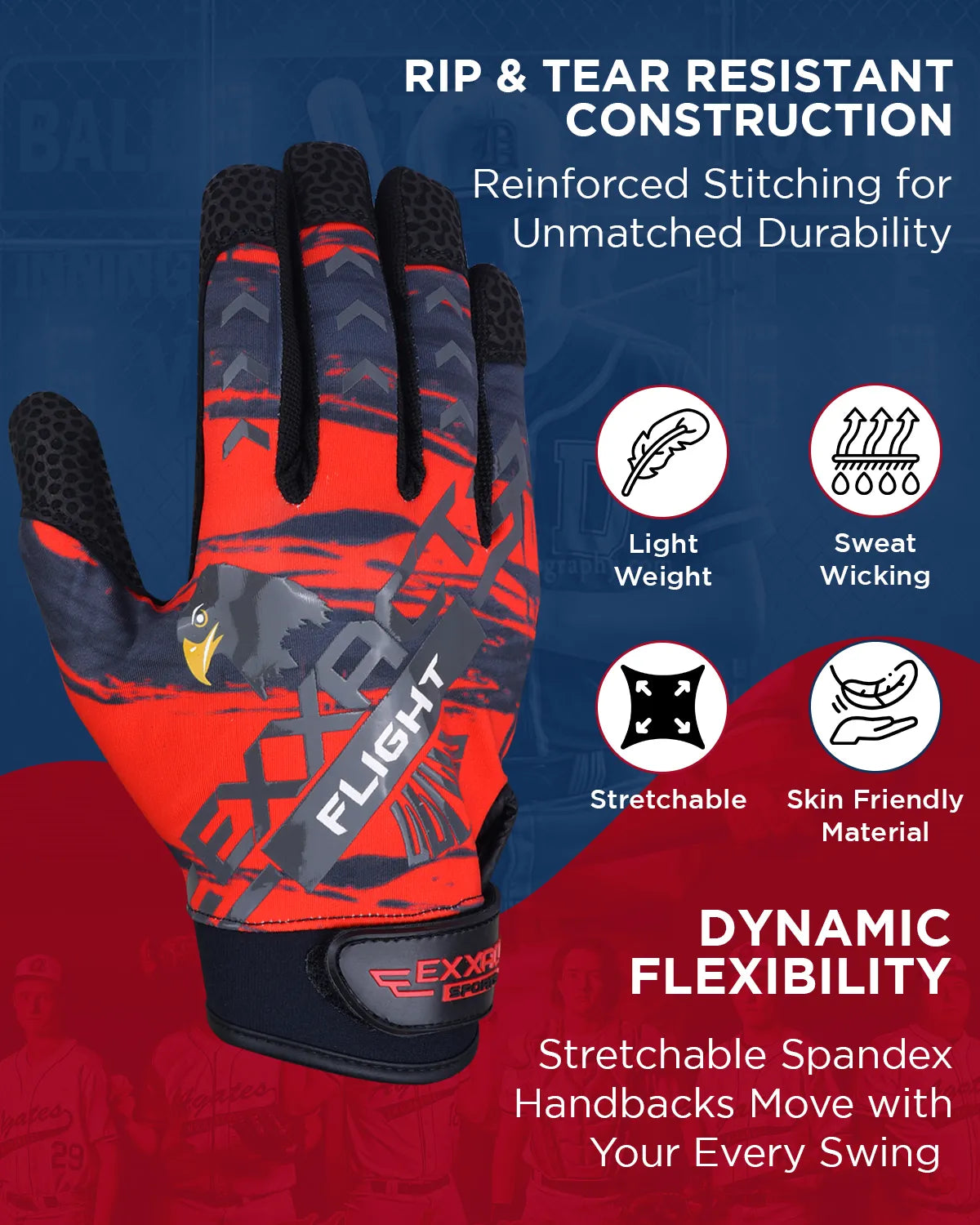 Flight Baseball Batting Gloves for Youth & Adult (red)