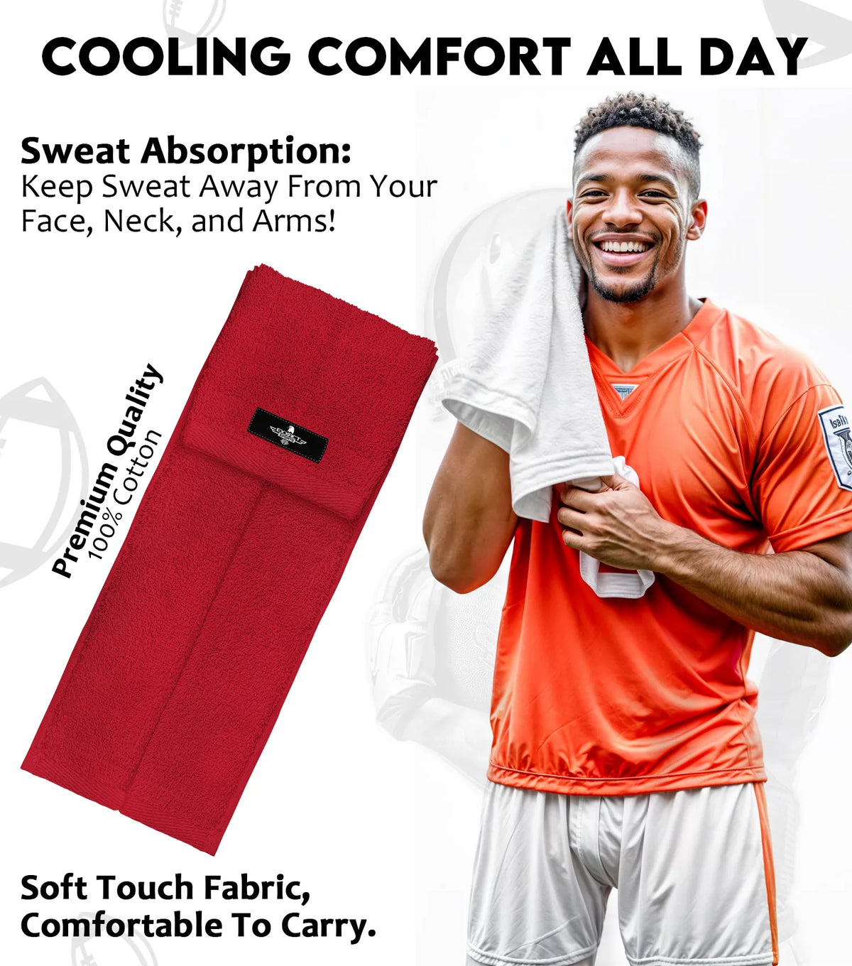 Football Towel with Hook & Loop Fastener to Clean Hands Visor and Gloves (red) - Red