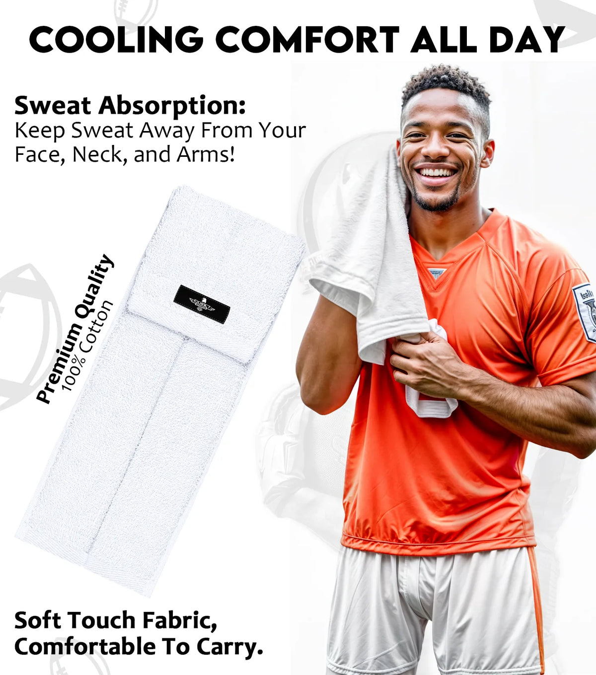 Football Towel with Hook & Loop Fastener to Clean Hands Visor and Gloves (white) - White