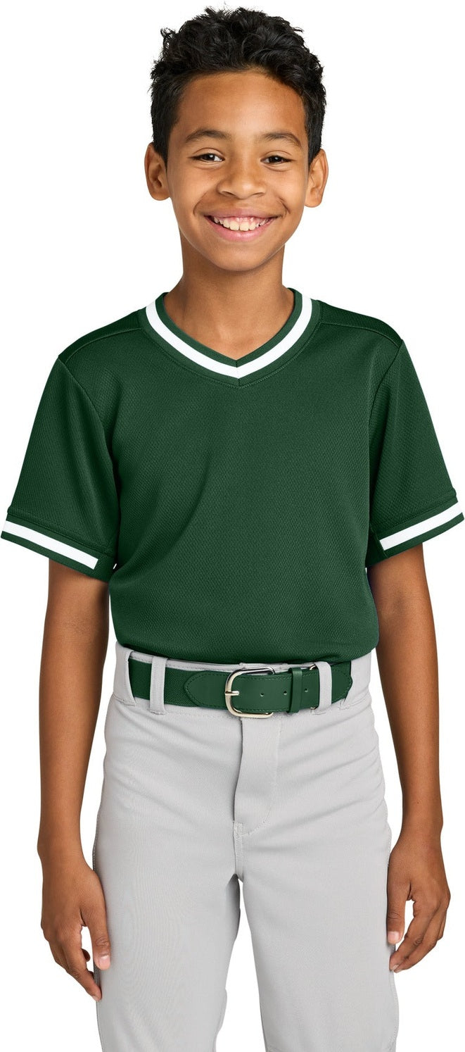 ForestGrn Sport-Tek Youth Tough Mesh V-Neck Baseball Jersey YST221