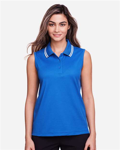 French Blue/ White Women&#39;s CrownLux Performance® Plaited Tipped Sleeveless Polo - DG20SW