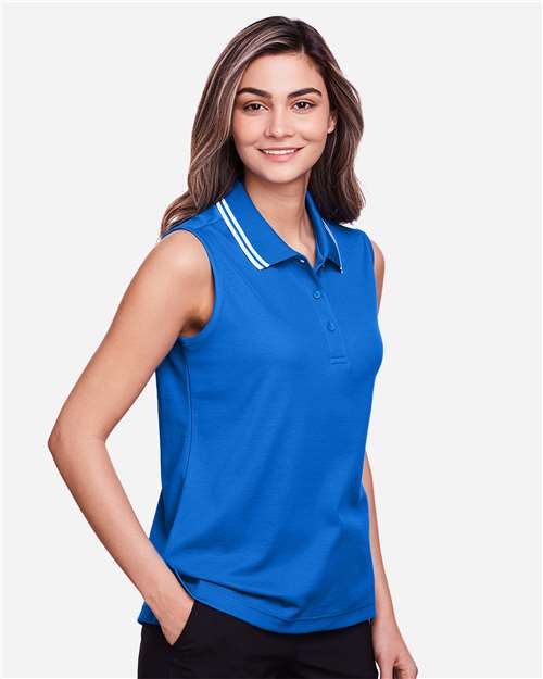 French Blue/ White Women&#39;s CrownLux Performance® Plaited Tipped Sleeveless Polo - DG20SW