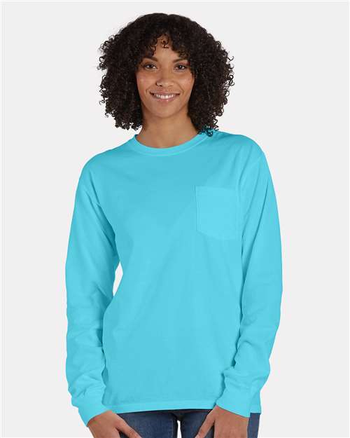 Front View of Freshwater Garment-Dyed Long Sleeve T-Shirt With a Pocket - GDH250