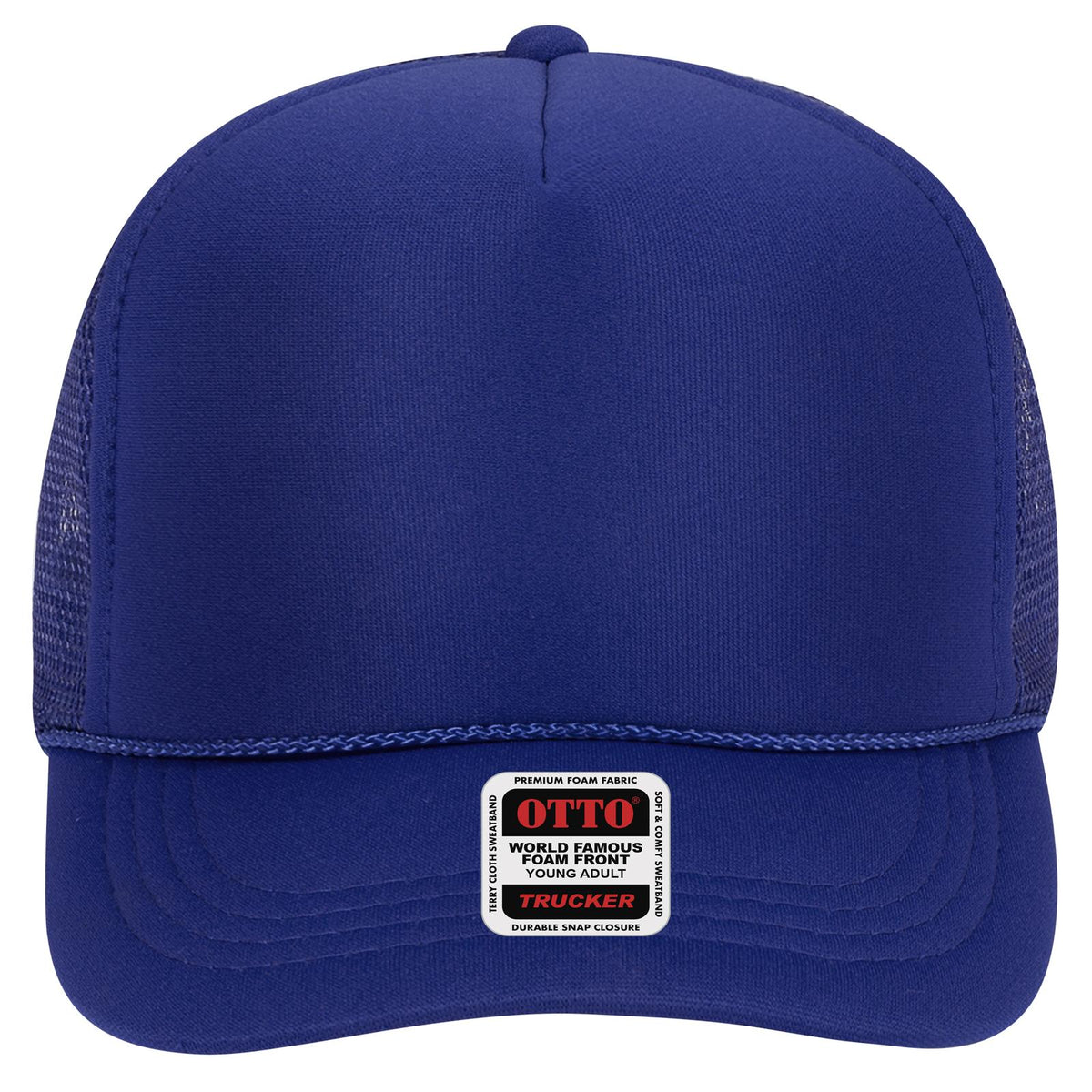 Front View of 001 - Royal OTTO CAP 5 Panel High Crown Mesh Back Trucker Hat