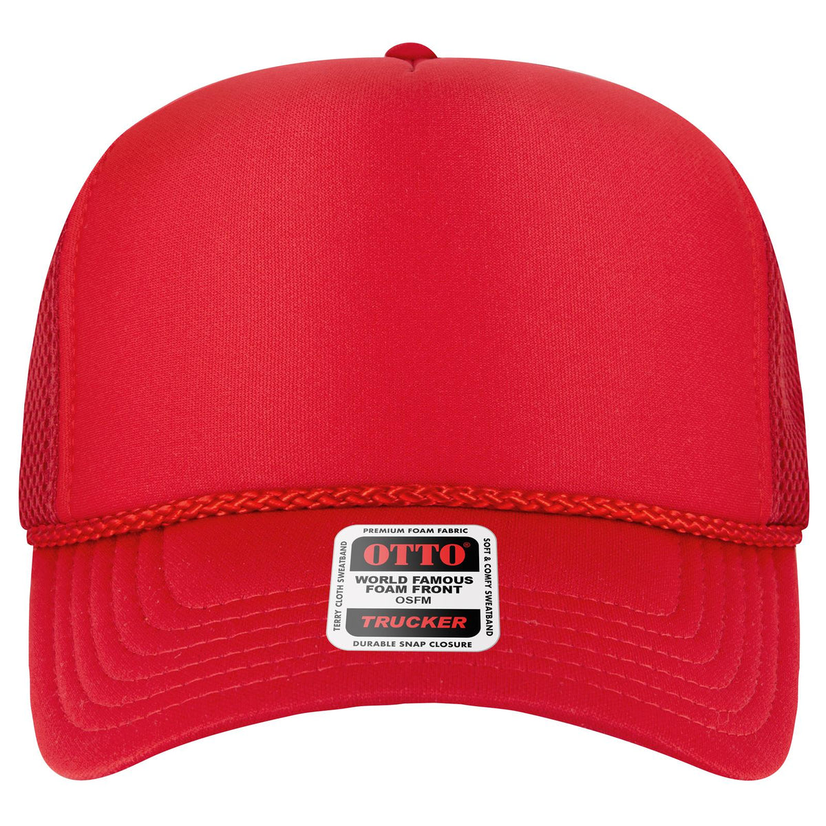 Front View of 002 - Red OTTO CAP 5 Panel High Crown Air Mesh Back Trucker Hat