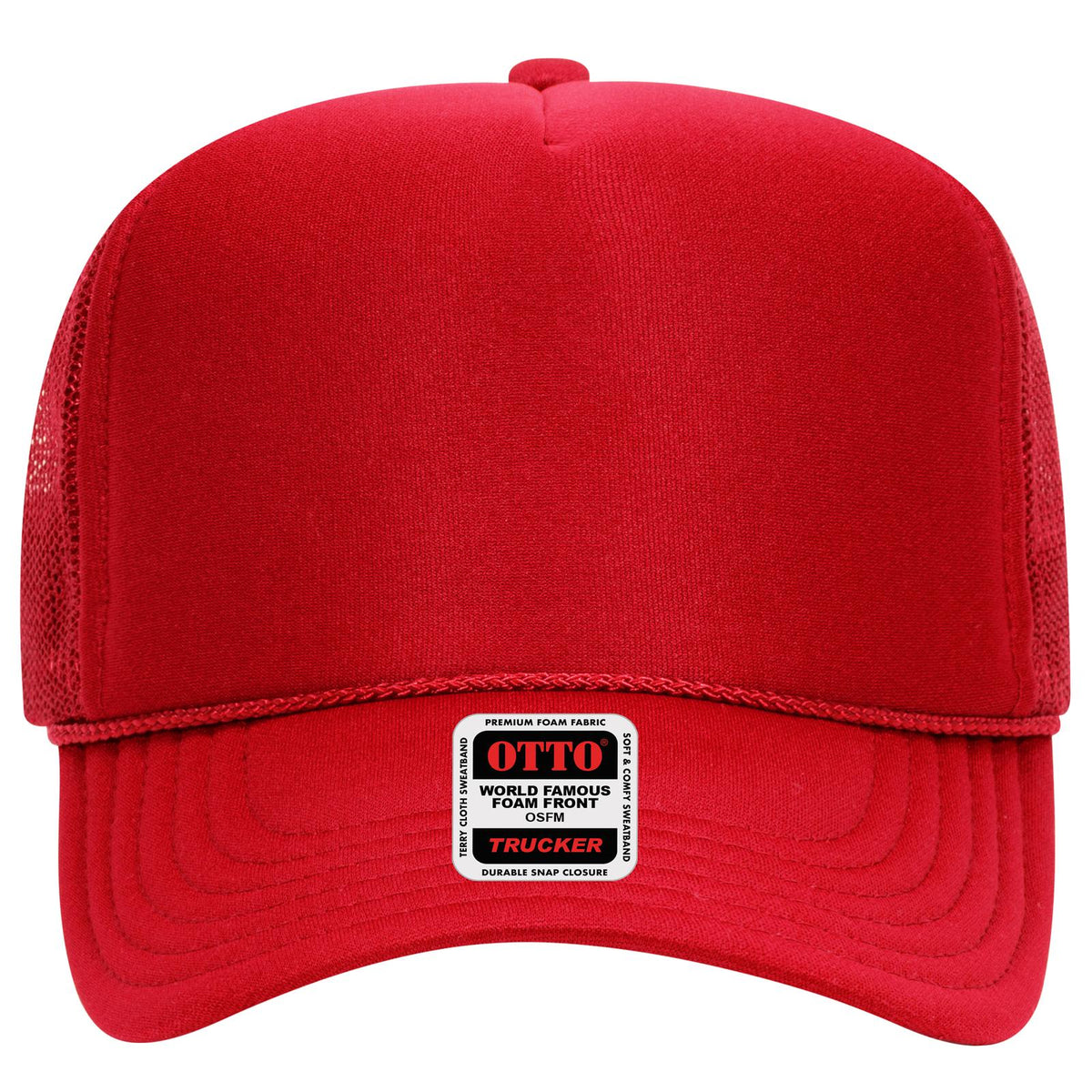 Front View of 002 - Red OTTO CAP 5 Panel High Crown Mesh Back Trucker Hat