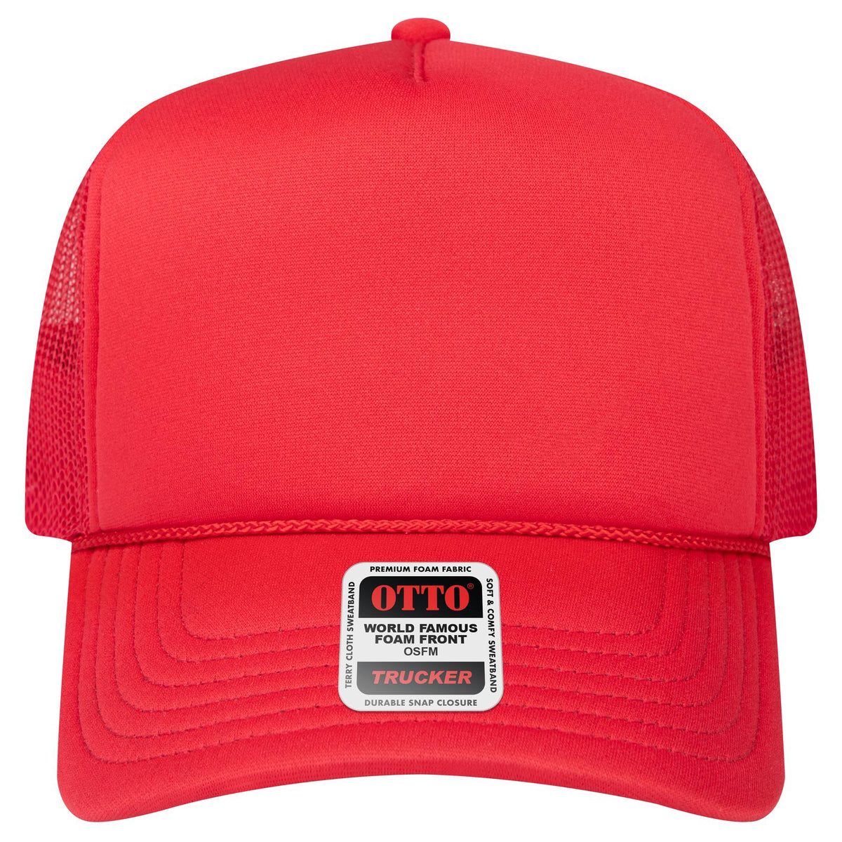 Front View of 002 - Red OTTO CAP 5 Panel High Crown Mesh Back Trucker Hat