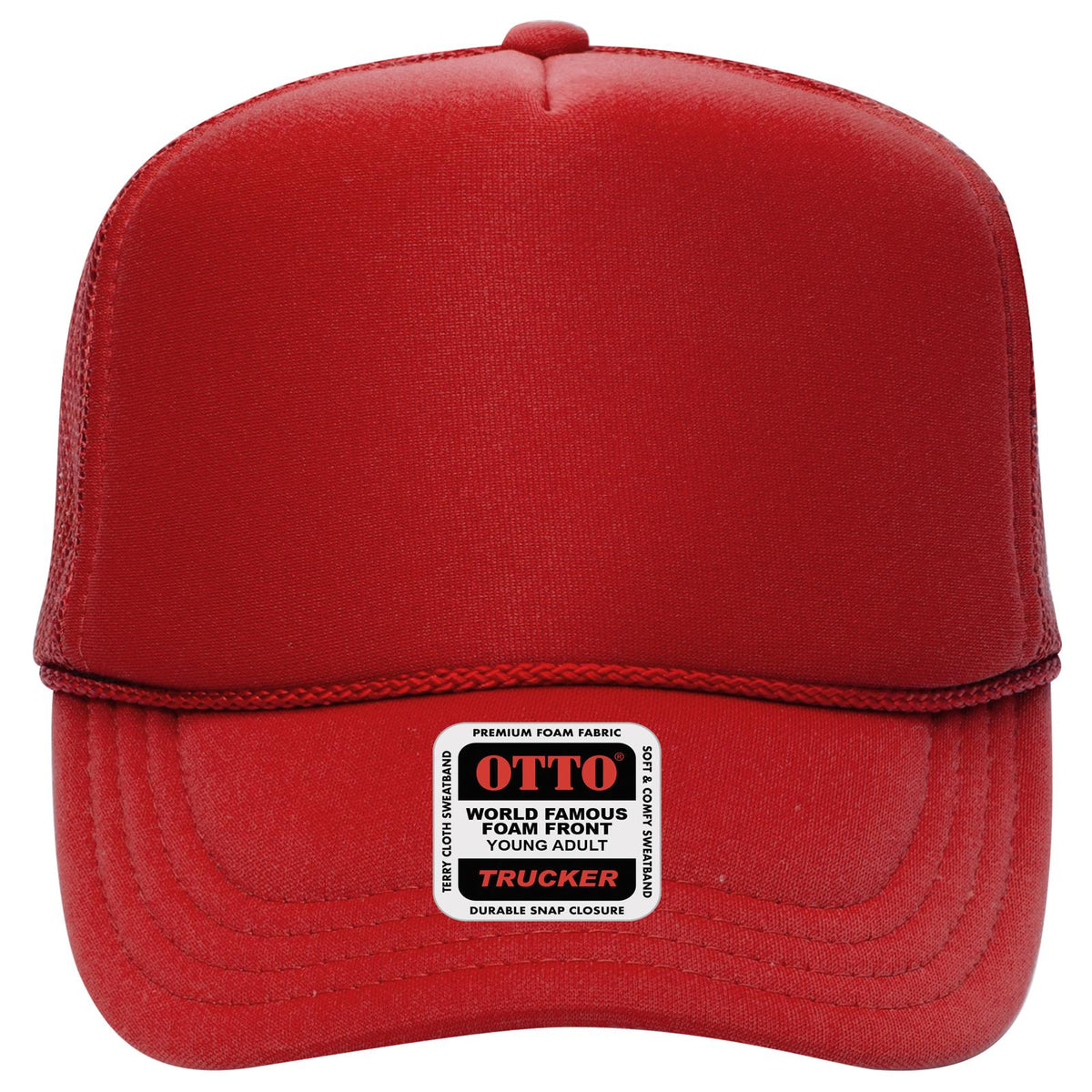 Front View of 002 - Red OTTO CAP 5 Panel High Crown Mesh Back Trucker Hat