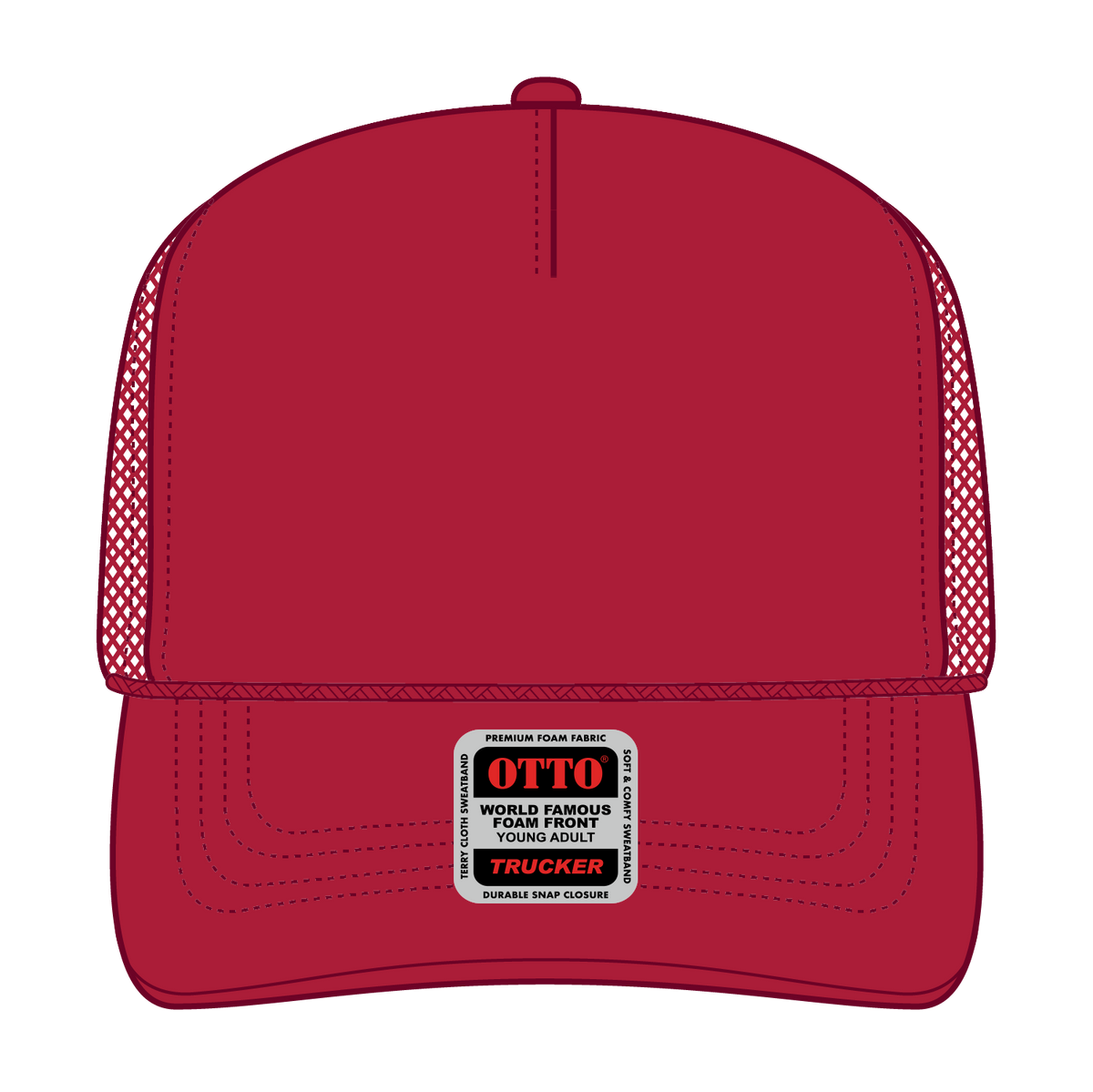 Front View of 002 - Red OTTO CAP 5 Panel High Crown Mesh Back Trucker Hat