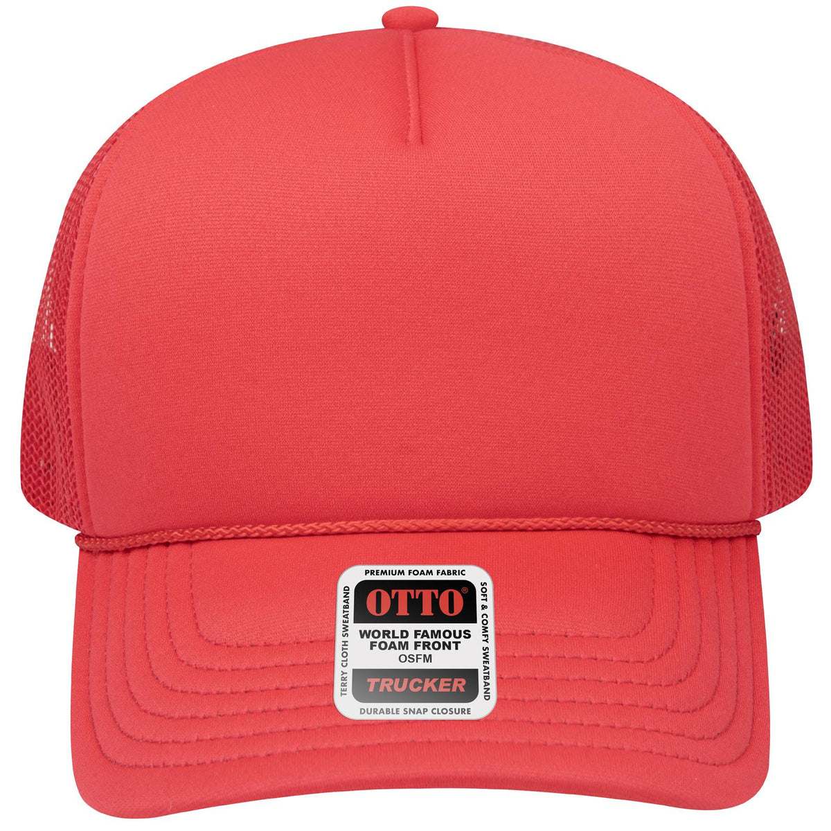 Front View of 002 - Red OTTO CAP 5 Panel Low Profile Mesh Back Trucker Hat
