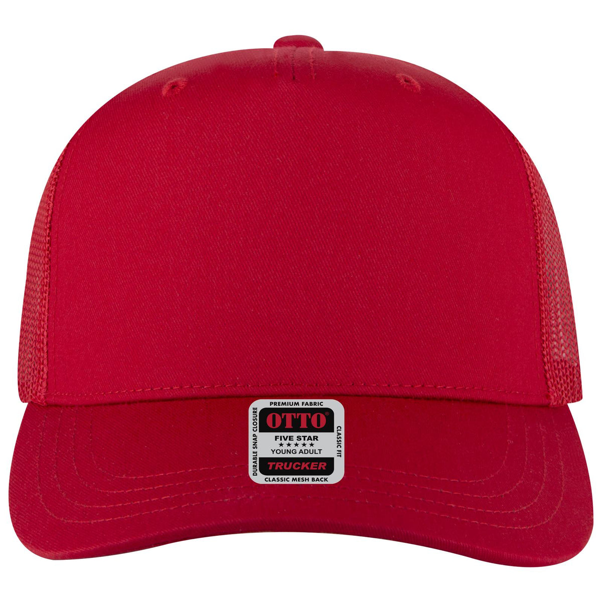 Front View of 002 - Red OTTO CAP 5 Panel Mid Profile Mesh Back Trucker Hat