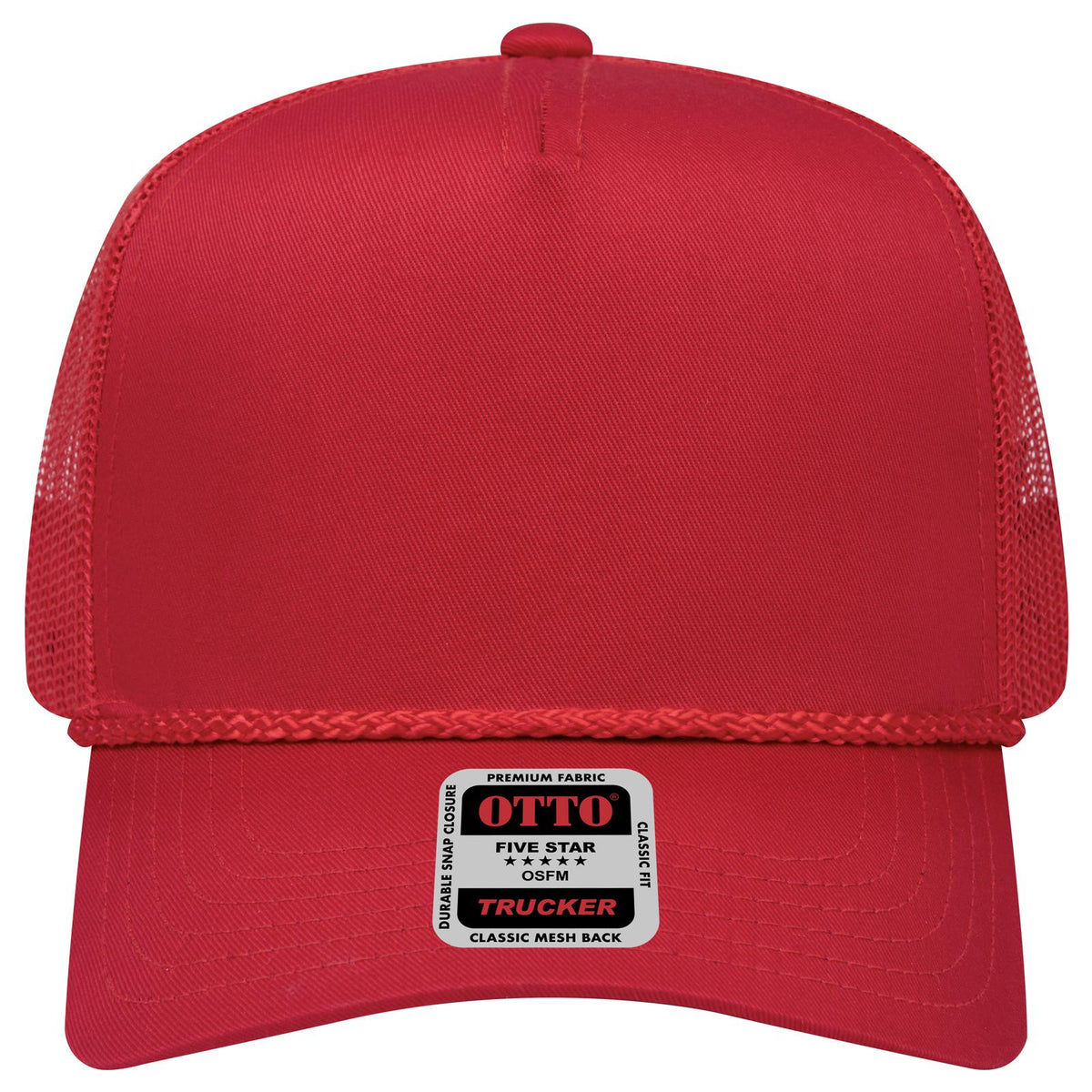 Front View of 002 - Red OTTO CAP 5 Panel Mid Profile Mesh Back Trucker Hat