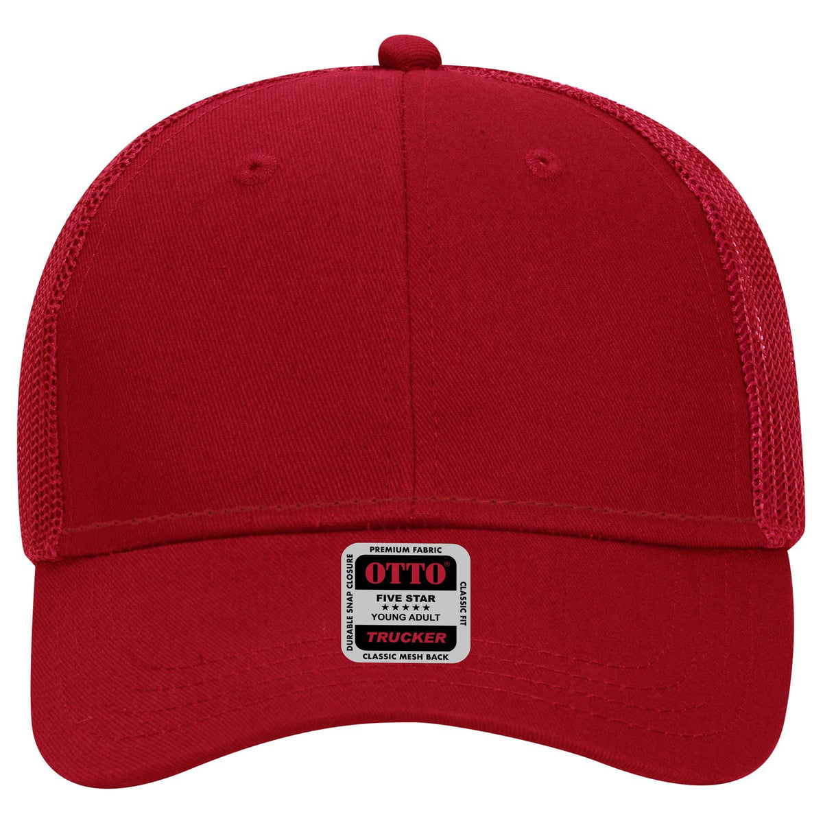 Front View of 002 - Red OTTO CAP 6 Panel Low Profile Mesh Back Trucker Hat