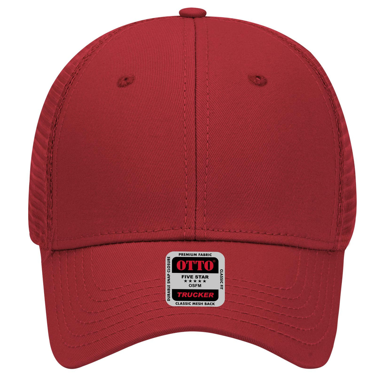 Front View of 002 - Red OTTO CAP 6 Panel Low Profile Mesh Back Trucker Hat