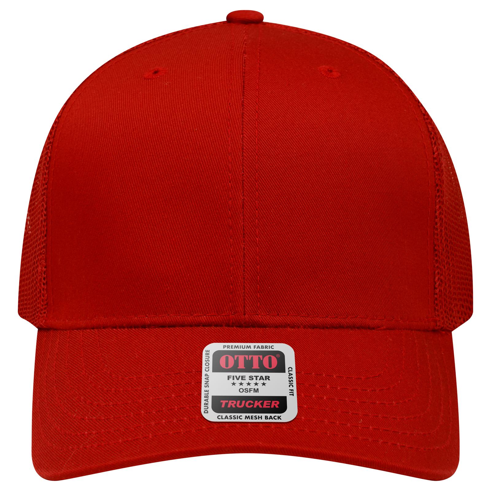 Front View of 002 - Red OTTO CAP 6 Panel Mid Profile Mesh Back Trucker Hat