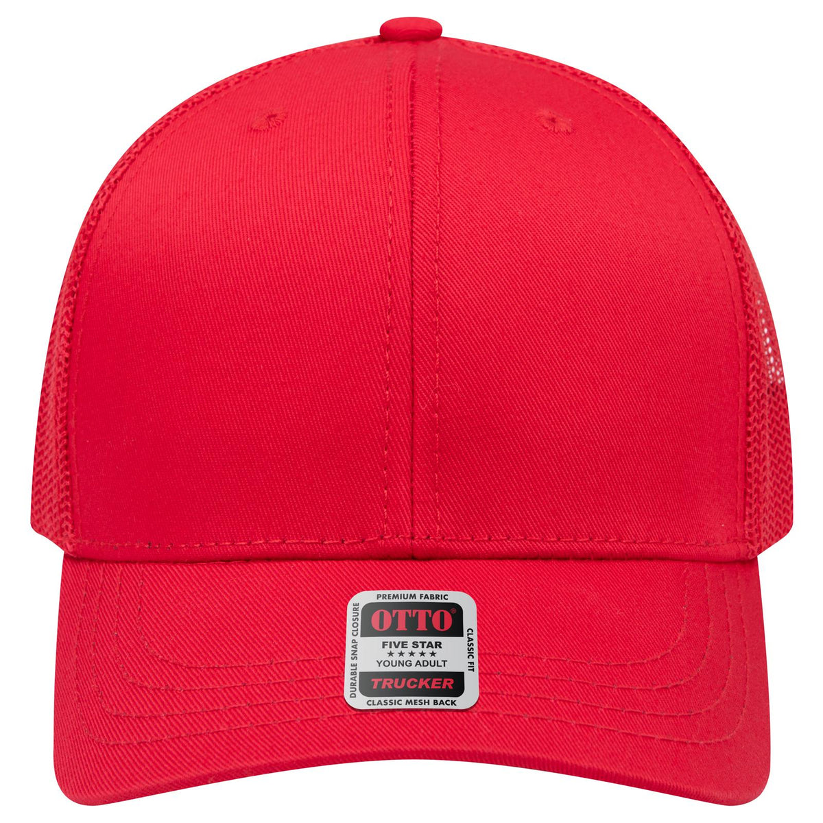 Front View of 002 - Red OTTO CAP 6 Panel Mid Profile Mesh Back Trucker Hat