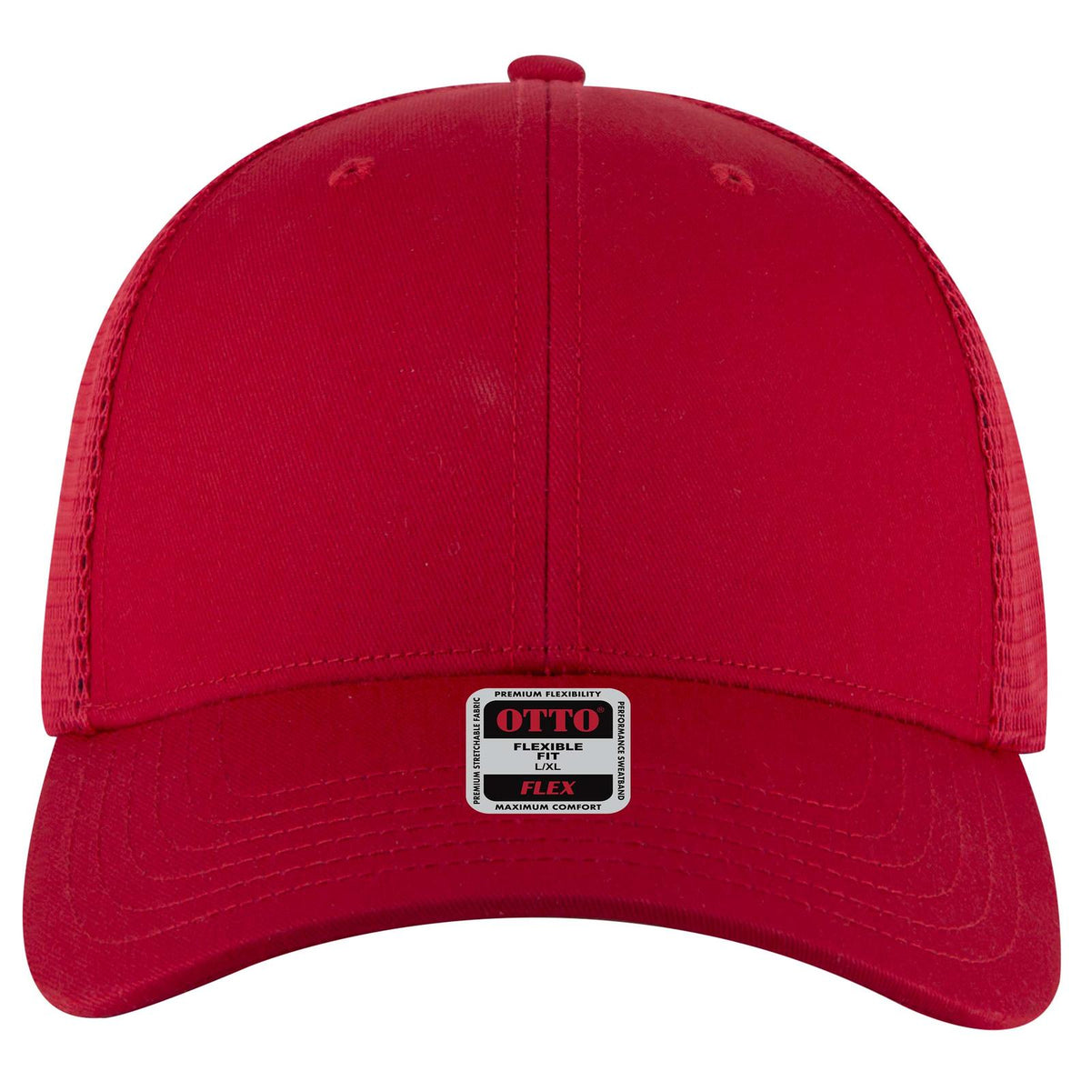 Front View of 002 - Red OTTO CAP "OTTO FLEX" Fitted 6 Panel Low Profile Mesh Back Trucker Hat