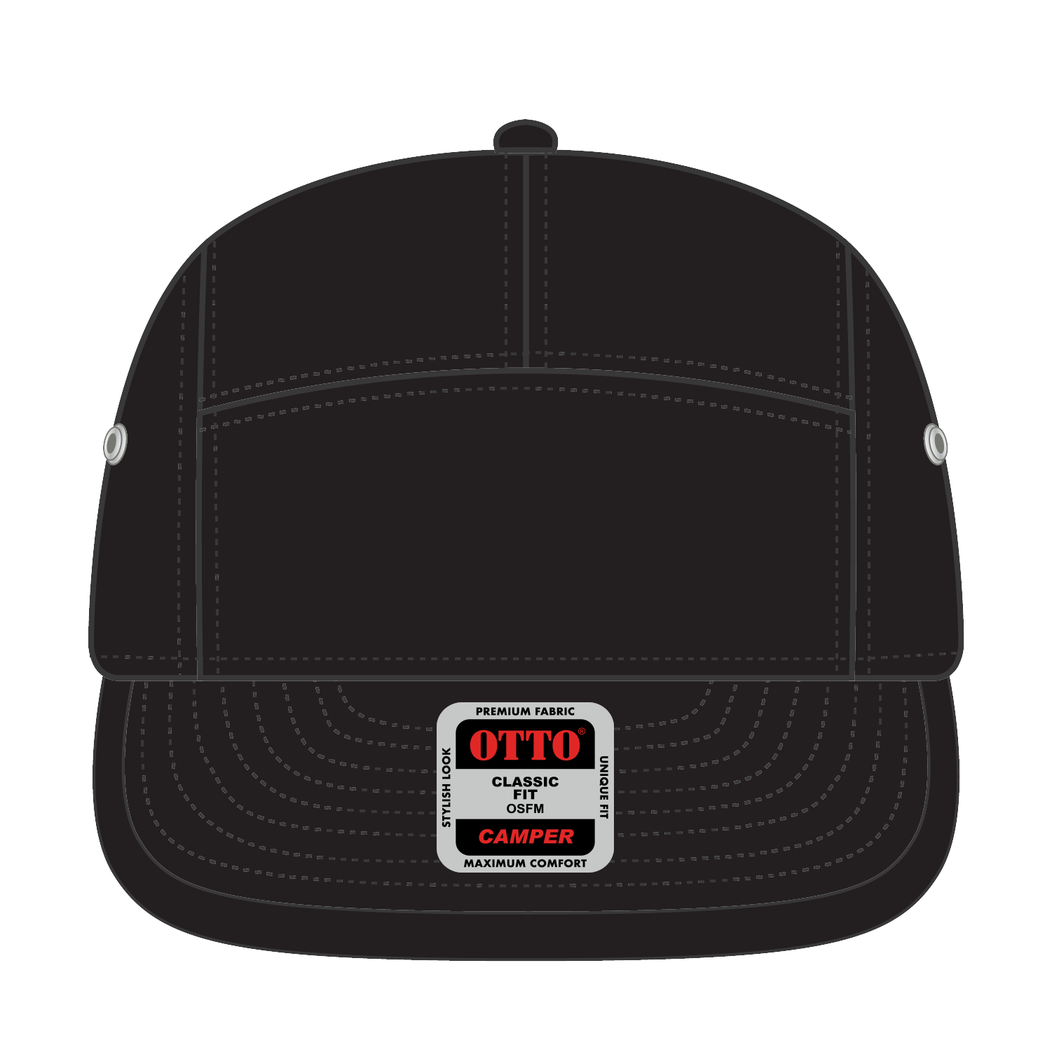 Front View of 003 - Black OTTO CAP 5 Panel Camper Hat