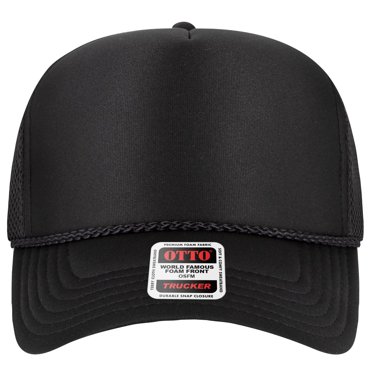 Front View of 003 - Black OTTO CAP 5 Panel High Crown Air Mesh Back Trucker Hat