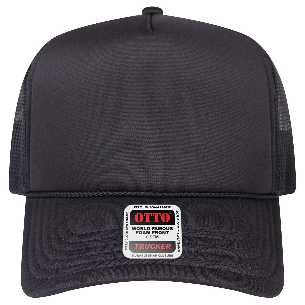 Front View of 003 - Black OTTO CAP 5 Panel High Crown Mesh Back Trucker Hat