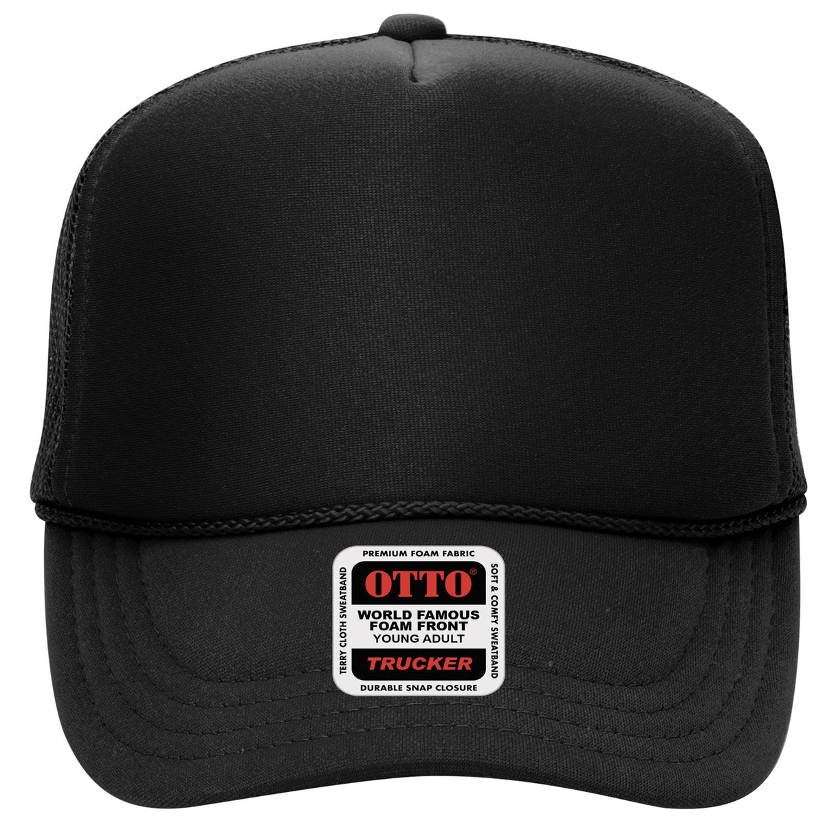 Front View of 003 - Black OTTO CAP 5 Panel High Crown Mesh Back Trucker Hat
