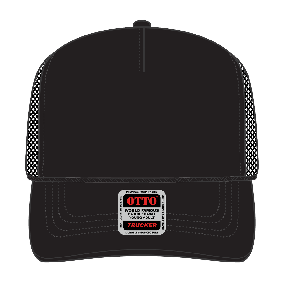 Front View of 003 - Black OTTO CAP 5 Panel High Crown Mesh Back Trucker Hat