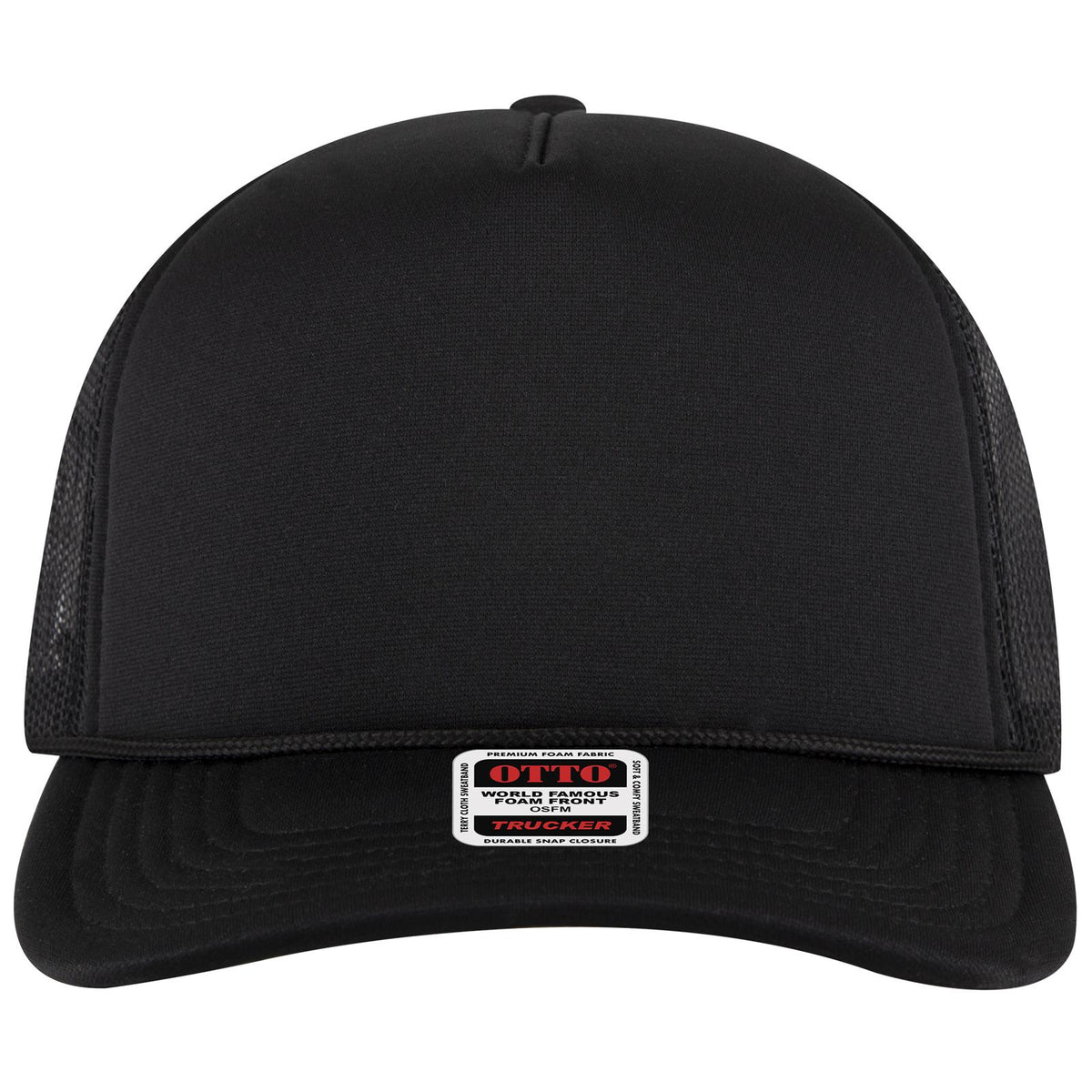 Front View of 003 - Black OTTO CAP 5 Panel High Crown Mesh Back Trucker Hat