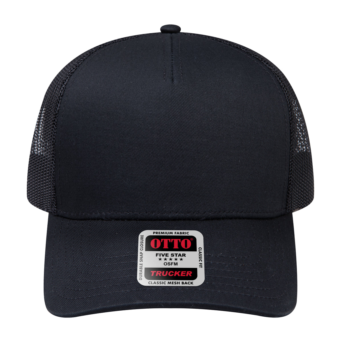 Front View of 003 - Black OTTO CAP 5 Panel Low Profile Mesh Back Trucker Hat