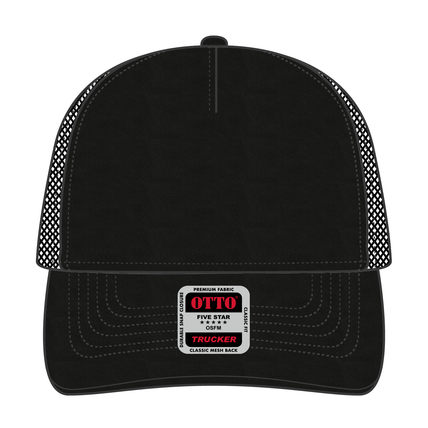 Front View of 003 - Black OTTO CAP 5 Panel Low Profile Mesh Back Trucker Hat