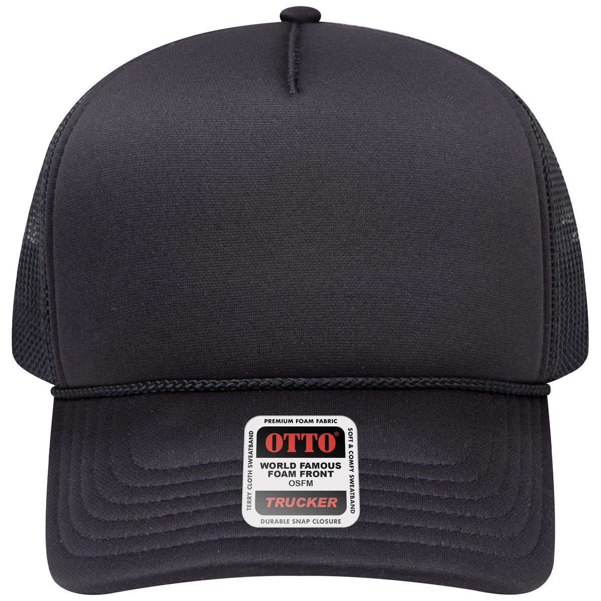 Front View of 003 - Black OTTO CAP 5 Panel Low Profile Mesh Back Trucker Hat