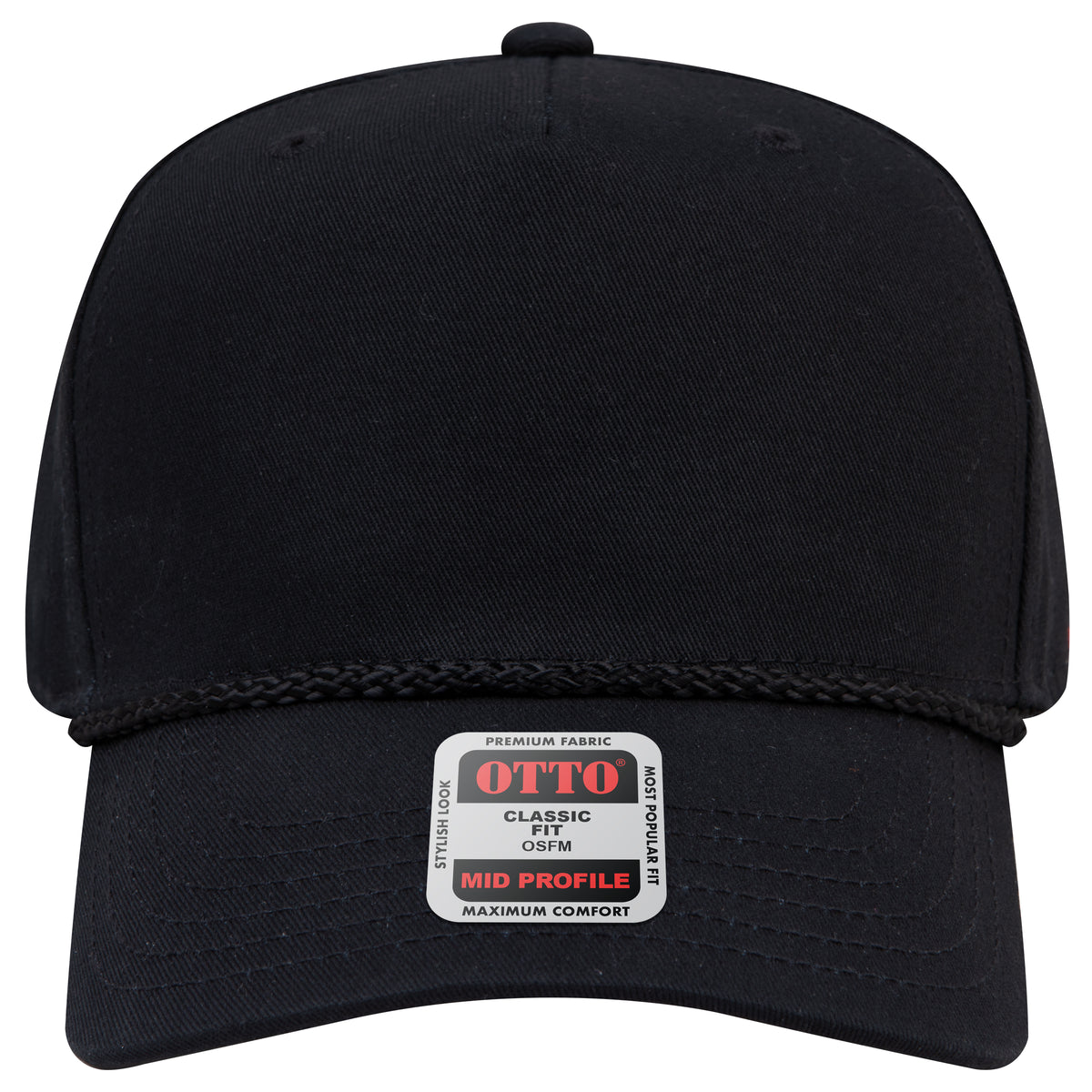 Front View of 003 - Black OTTO CAP 5 Panel Mid Profile Baseball Cap