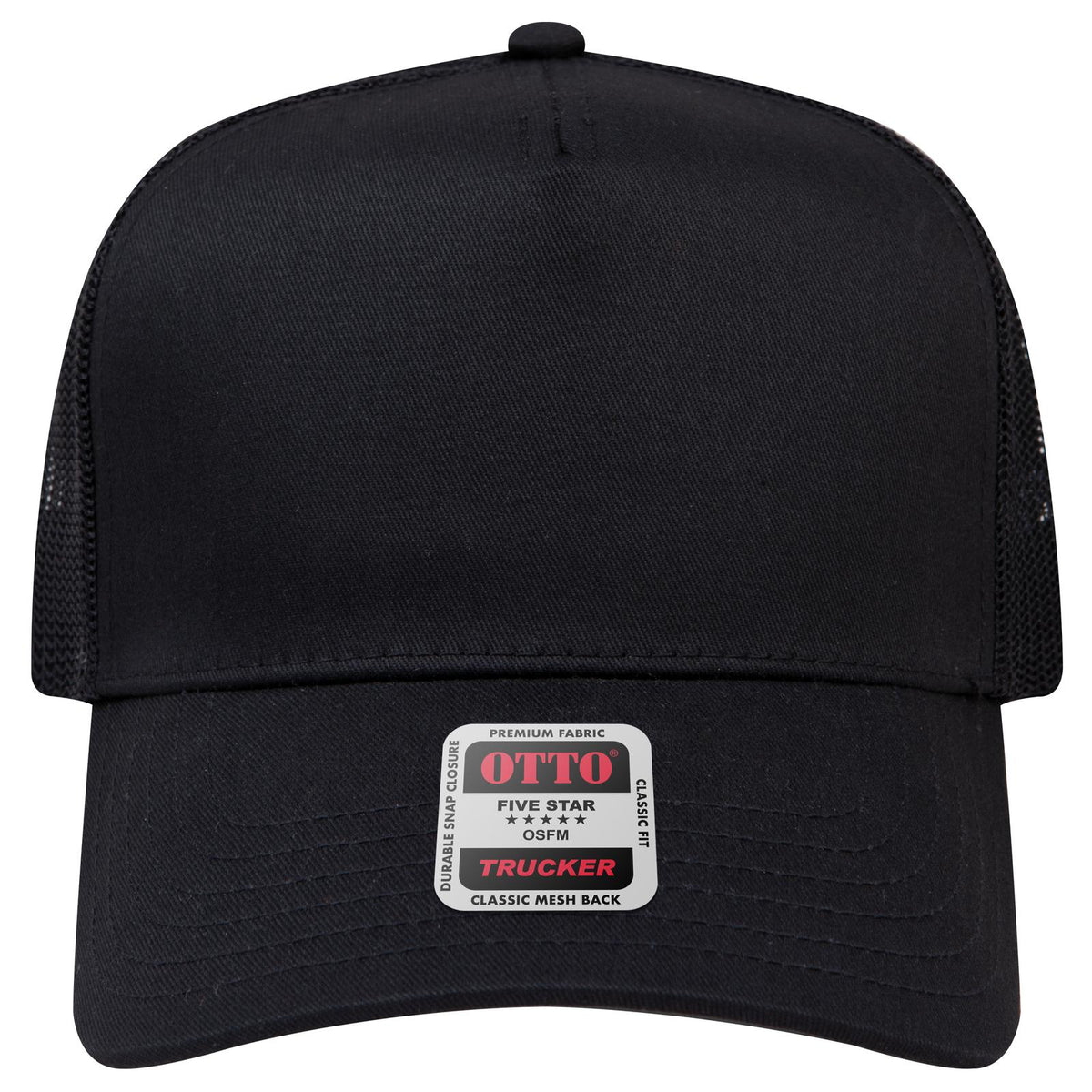 Front View of 003 - Black OTTO CAP 5 Panel Mid Profile Mesh Back Trucker Hat