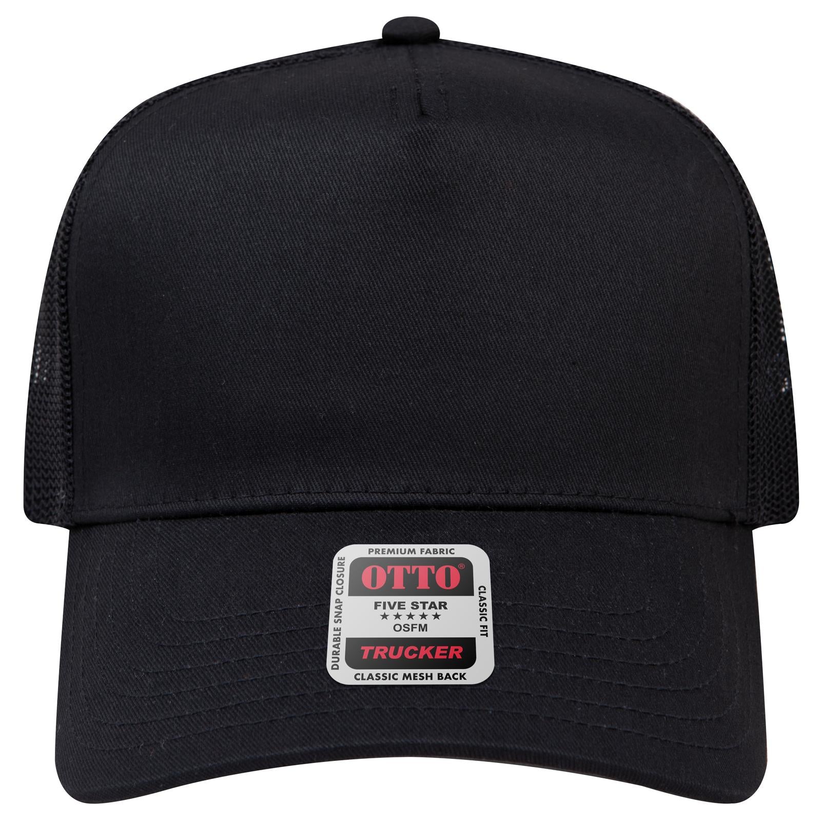 Front View of 003 - Black OTTO CAP 5 Panel Mid Profile Mesh Back Trucker Hat