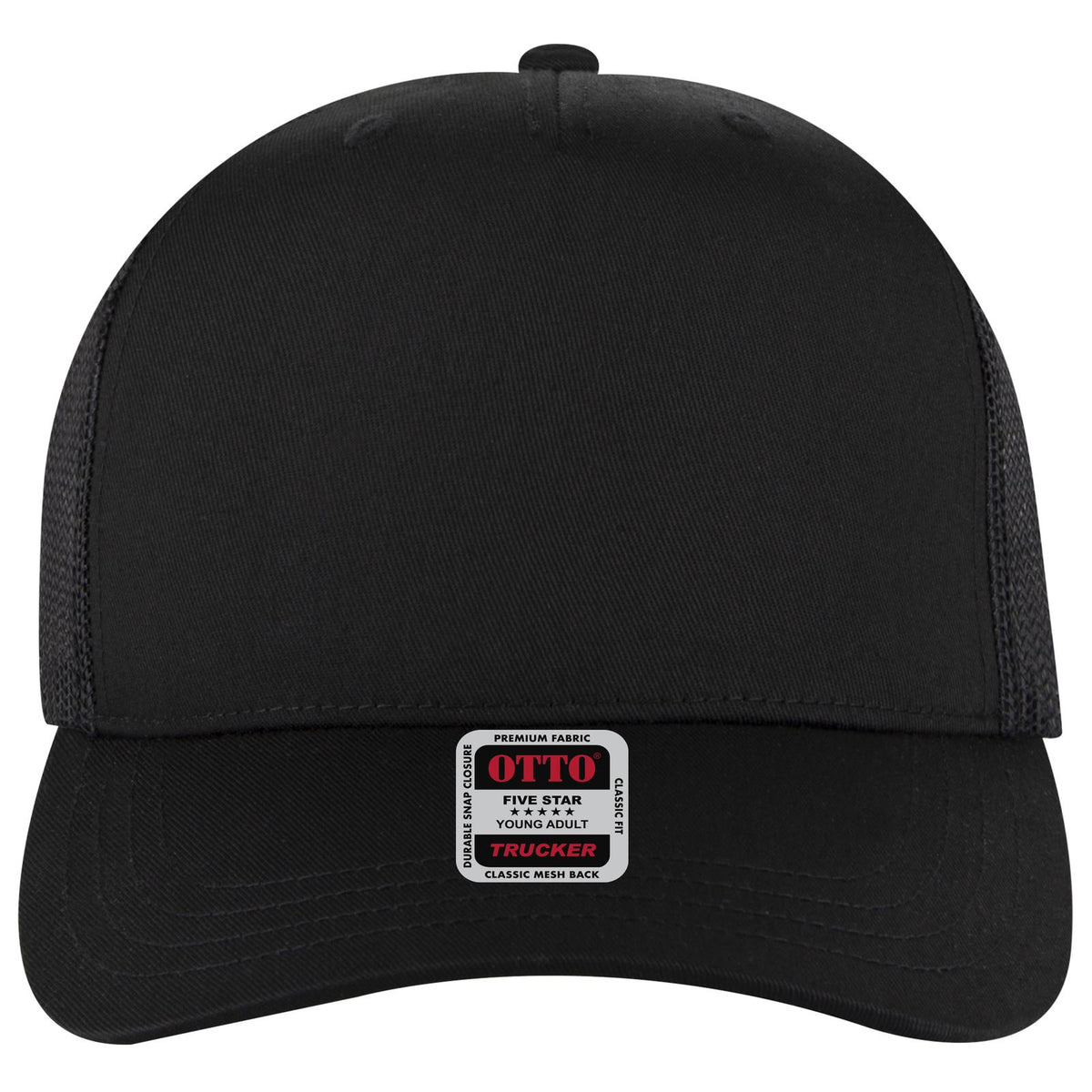 Front View of 003 - Black OTTO CAP 5 Panel Mid Profile Mesh Back Trucker Hat