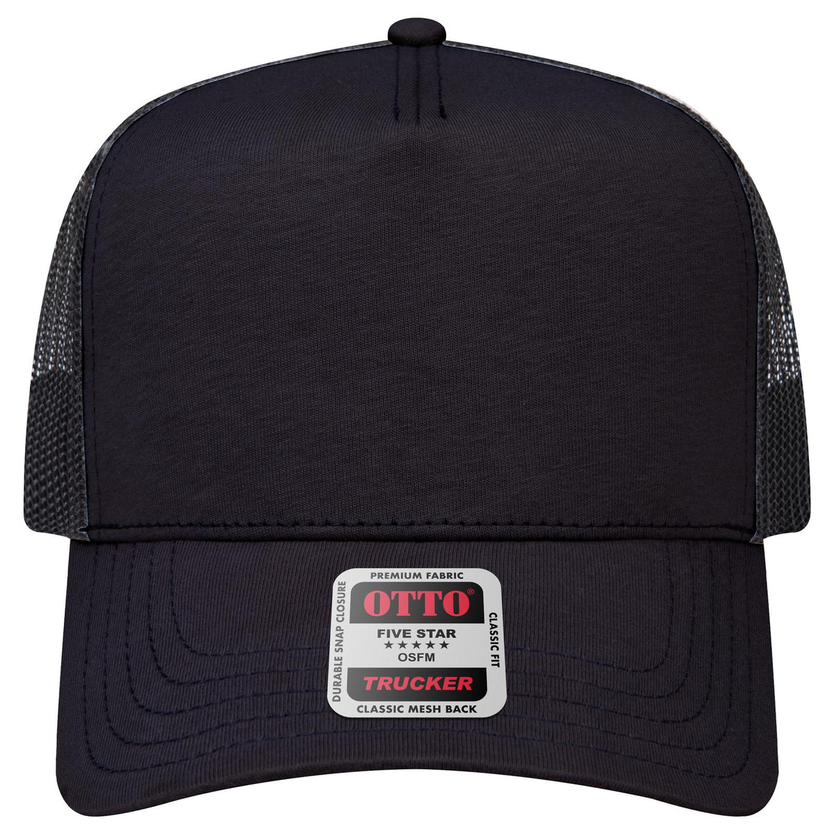 Front View of 003 - Black OTTO CAP 5 Panel Mid Profile Mesh Back Trucker Hat