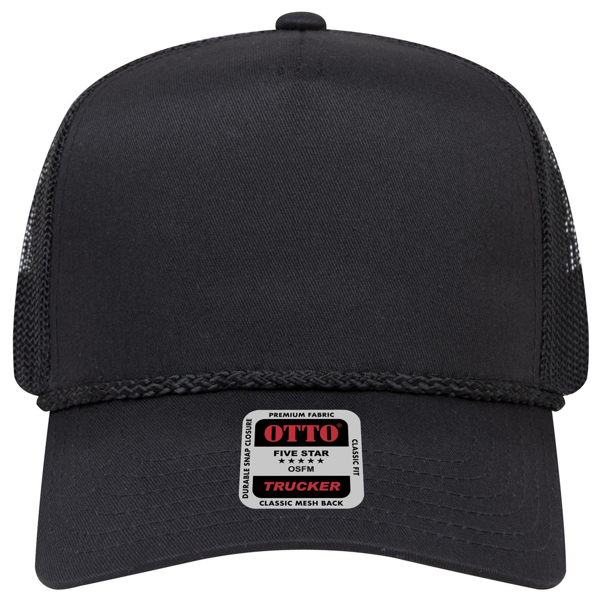 Front View of 003 - Black OTTO CAP 5 Panel Mid Profile Mesh Back Trucker Hat