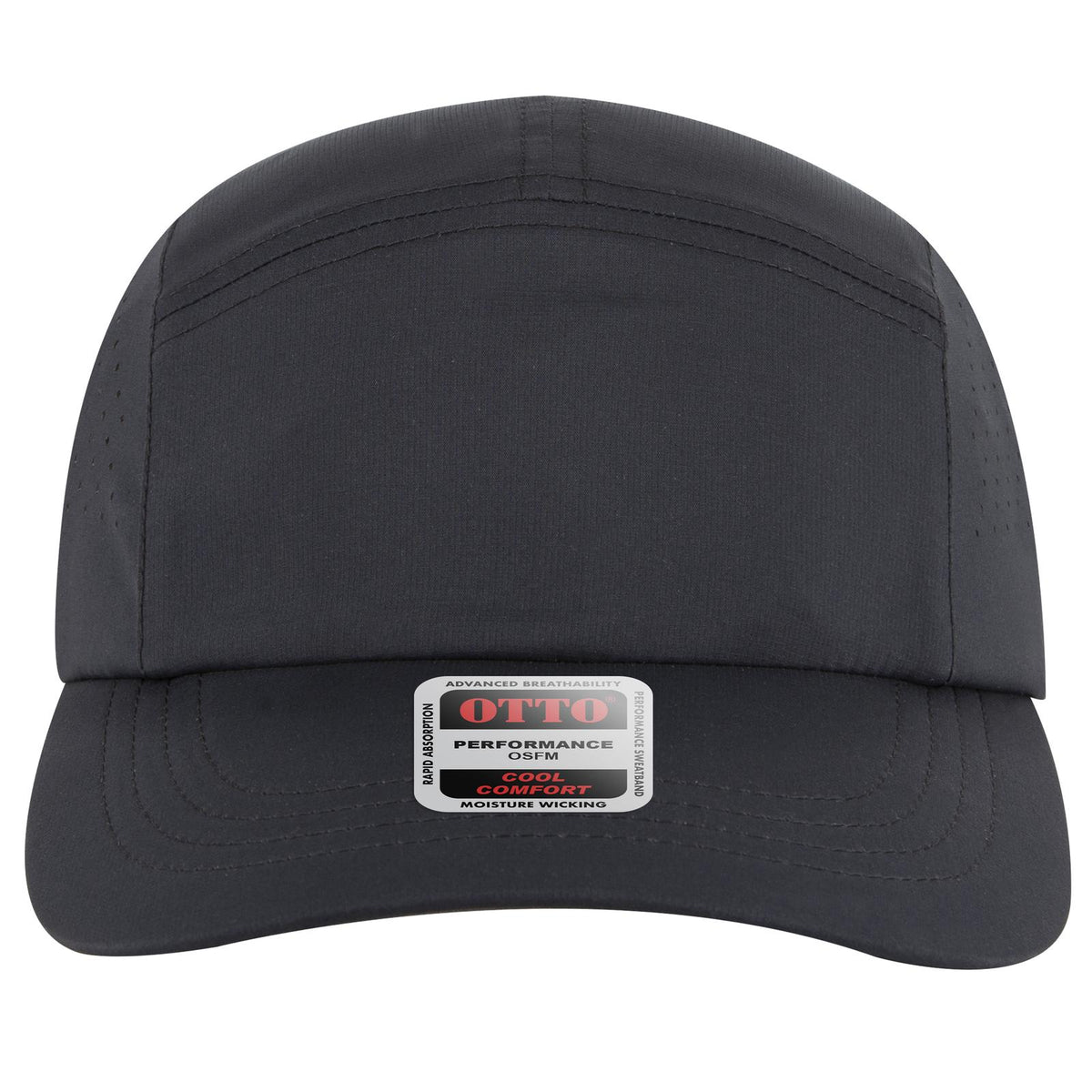Front View of 003 - Black OTTO CAP 5 Panel Running Hat w/ Elastic Soft Visor