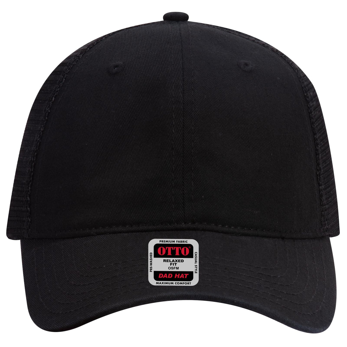 Front View of 003 - Black OTTO CAP 6 Panel Low Profile Mesh Back Trucker Dad Hat
