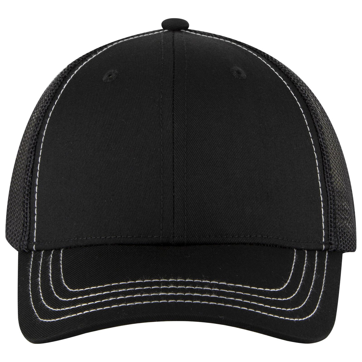 Front View of 003 - Black OTTO CAP 6 Panel Low Profile Mesh Back Trucker Hat