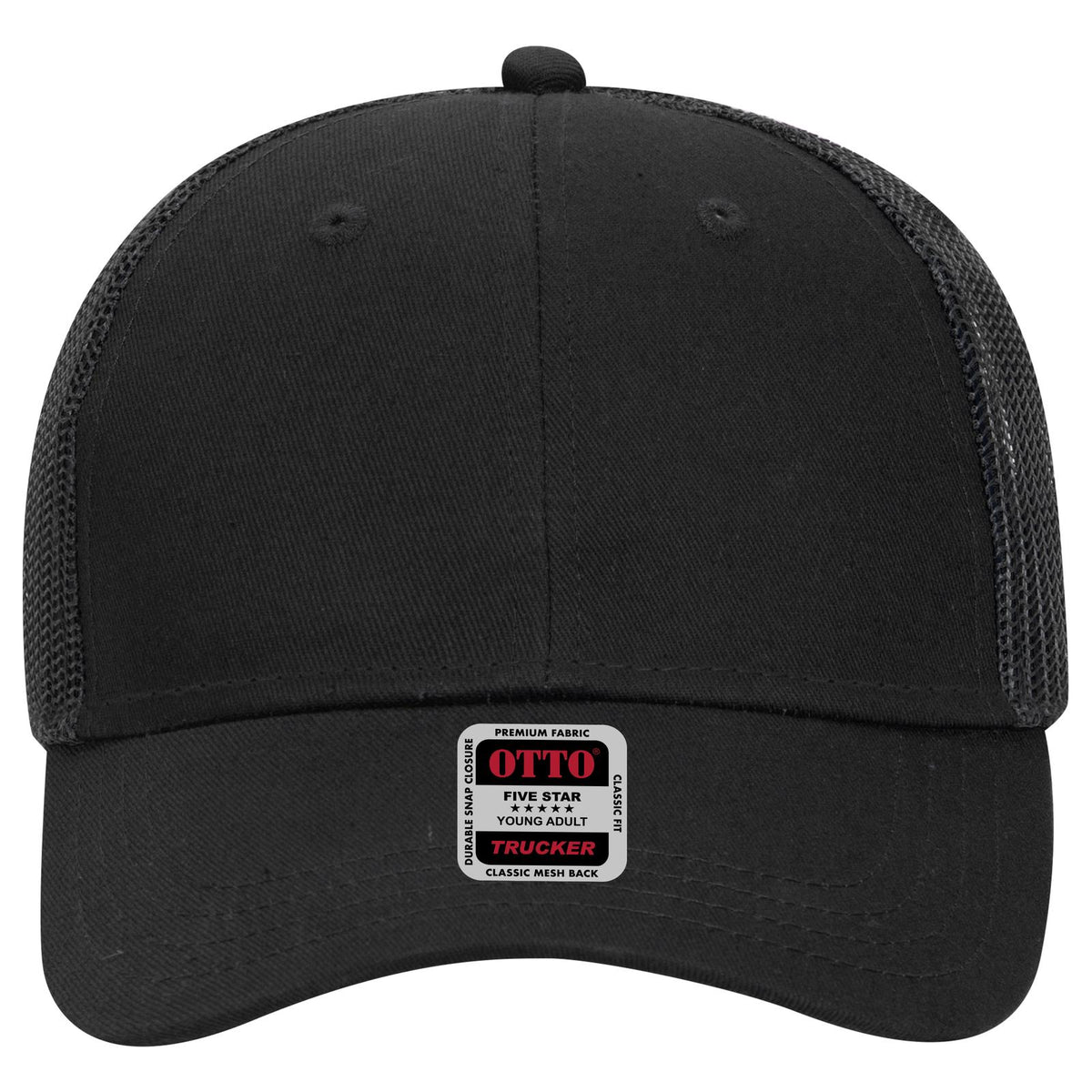 Front View of 003 - Black OTTO CAP 6 Panel Low Profile Mesh Back Trucker Hat