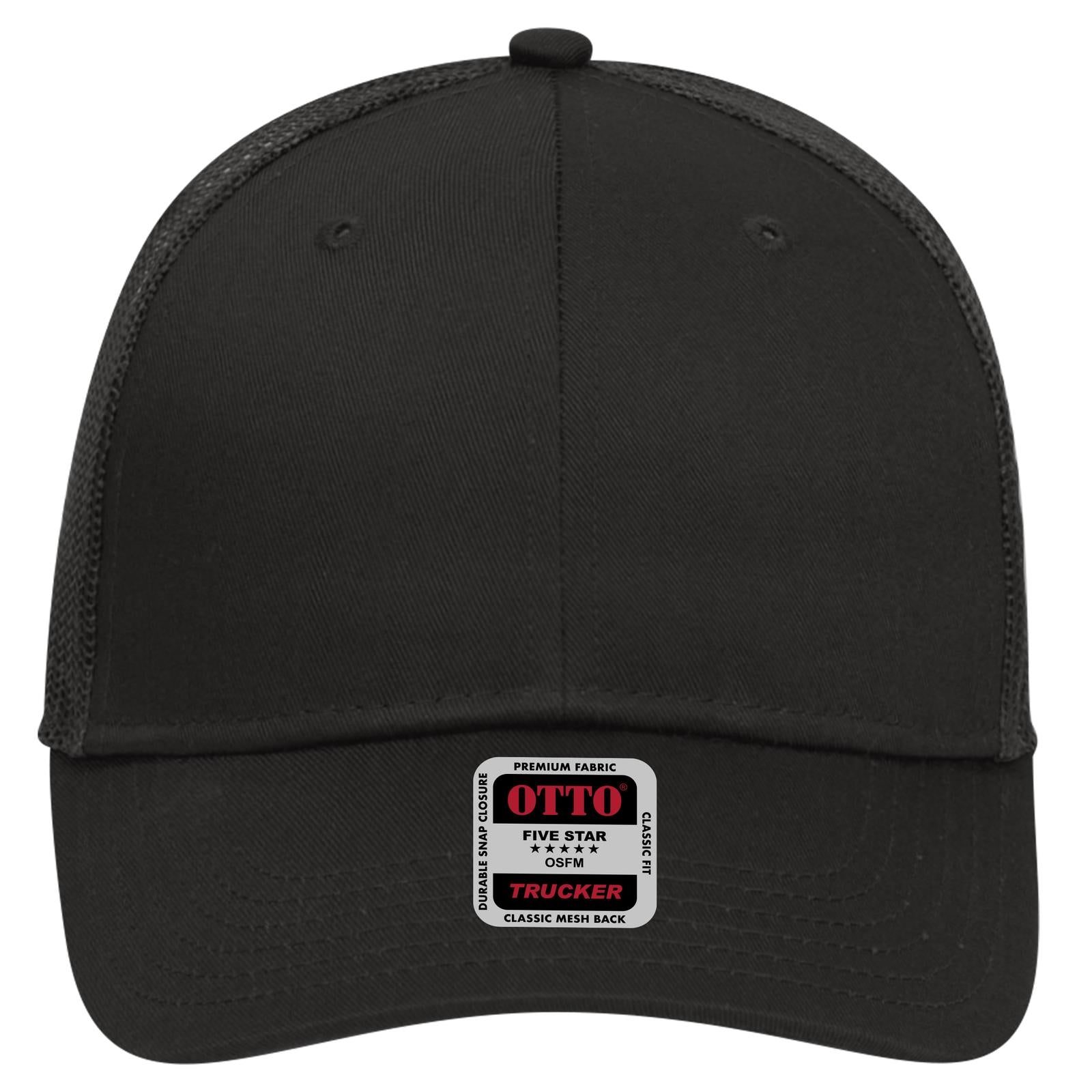 Front View of 003 - Black OTTO CAP 6 Panel Low Profile Mesh Back Trucker Hat