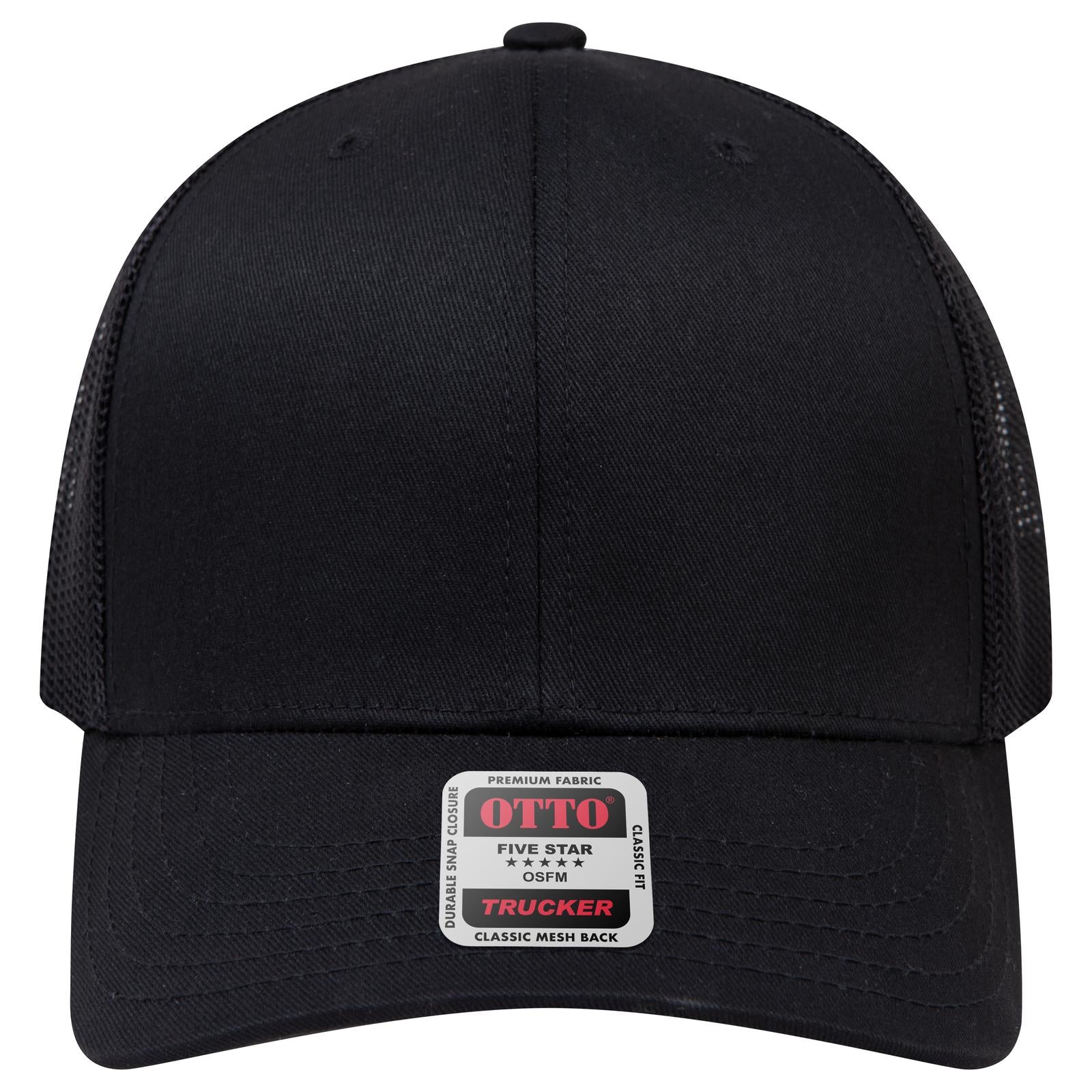 Front View of 003 - Black OTTO CAP 6 Panel Mid Profile Mesh Back Trucker Hat