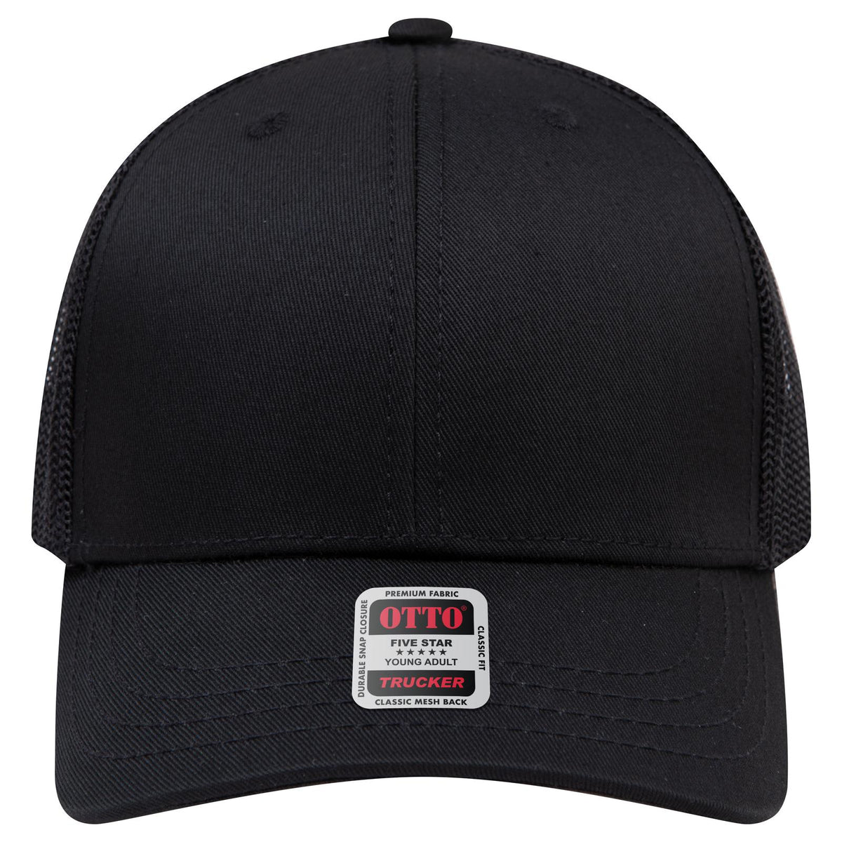 Front View of 003 - Black OTTO CAP 6 Panel Mid Profile Mesh Back Trucker Hat