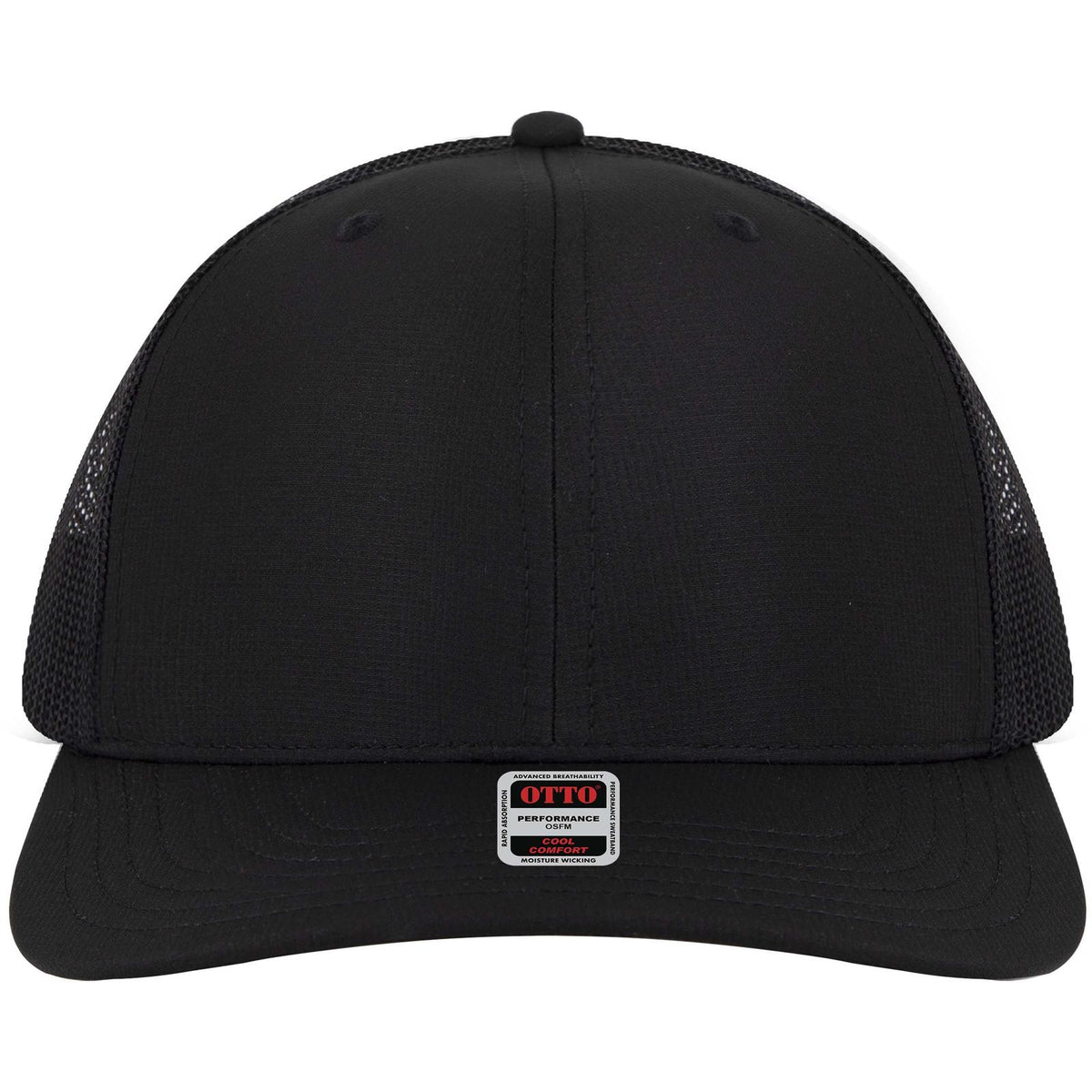 Front View of 003 - Black OTTO CAP 6 Panel Mid Profile Mesh Back Trucker Hat