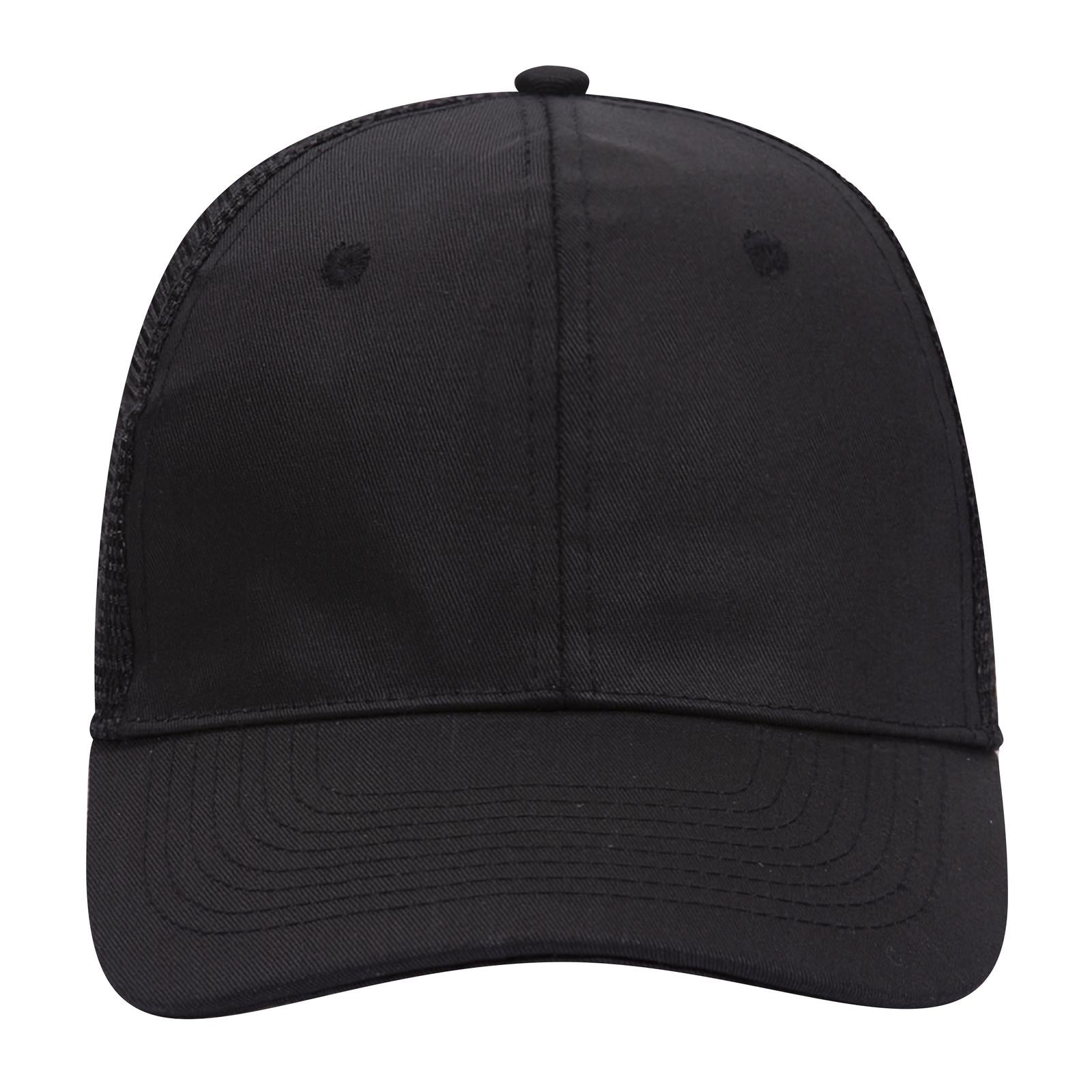 Front View of 003 - Black OTTO CAP 6 Panel Mid Profile Mesh Back Trucker Hat