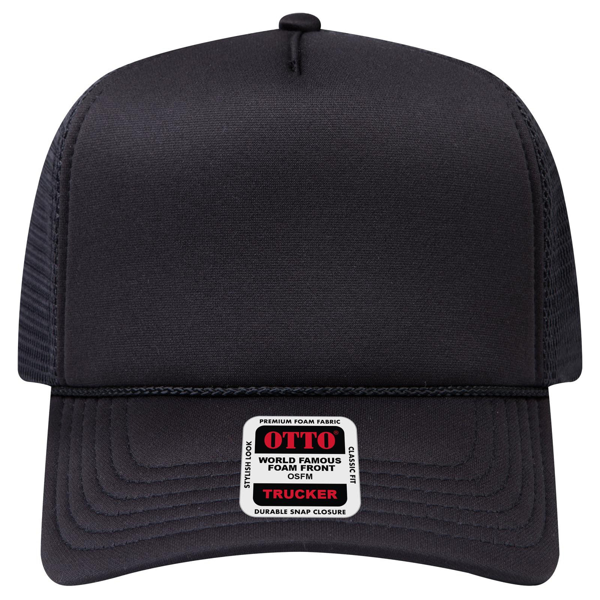 Front View of 003 - Black OTTO CAP "OTTO COMFY FIT" 5 Panel High Crown Mesh Back Trucker Hat