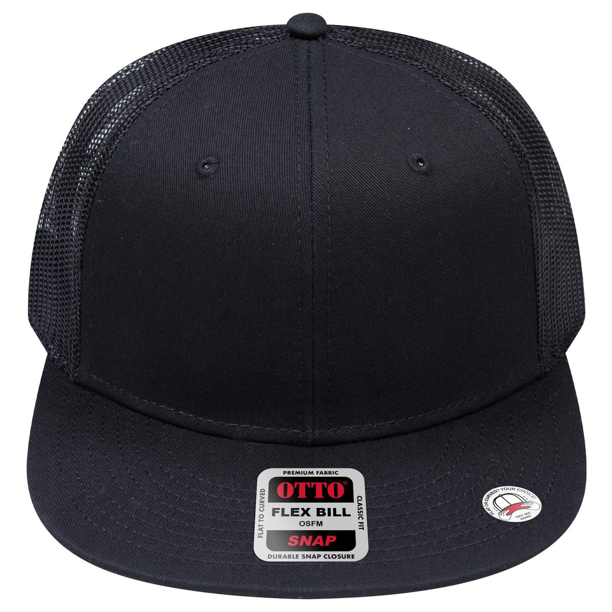 Front View of 003 - Black OTTO CAP "OTTO SNAP" 6 Panel Pro Style Mesh Back Trucker Snapback Hat